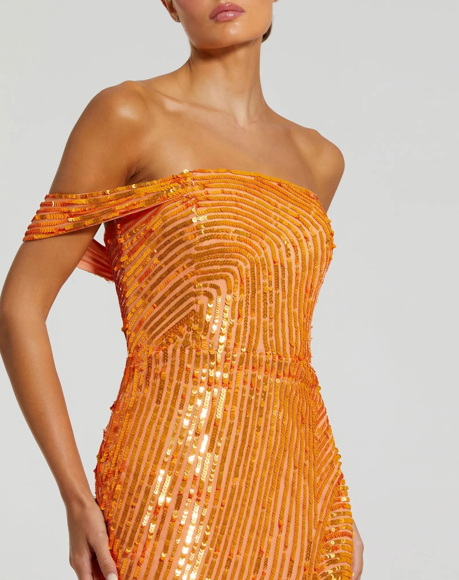 Orange One Shoulder Mesh Sequin Gown With Slit - Mac Duggal Orange One Shoulder Mesh Sequin Gown With Slit - Mac Duggal
