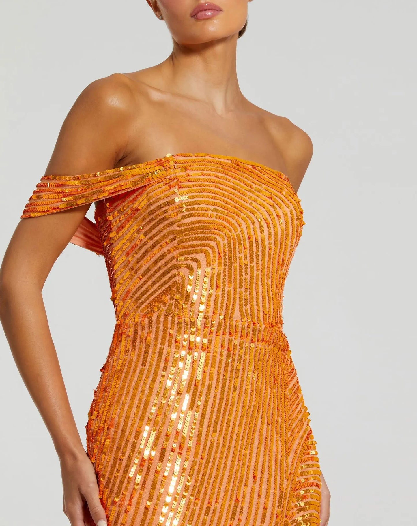 Orange One Shoulder Mesh Sequin Gown With Slit - Mac Duggal Orange One Shoulder Mesh Sequin Gown With Slit - Mac Duggal