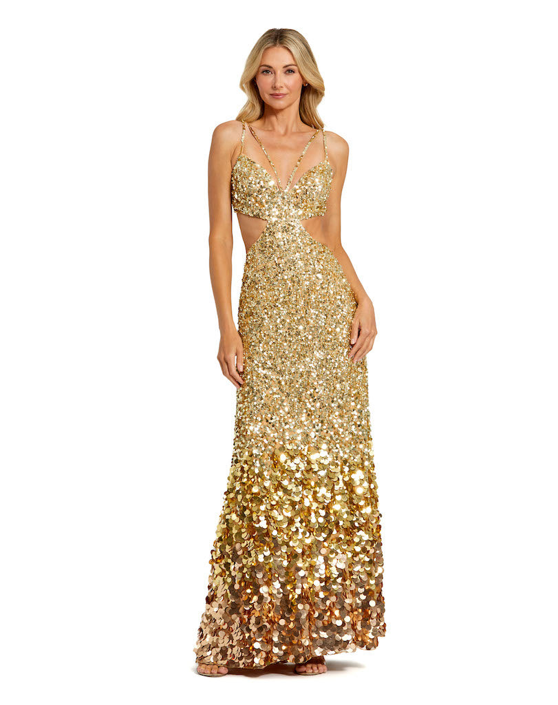 Thin Strap Cut Out Gown With Ombre Sequins