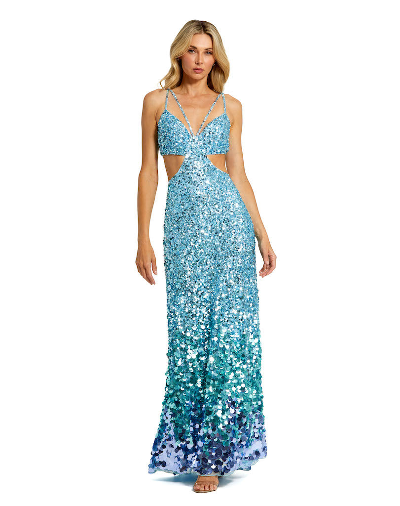 Thin Strap Cut Out Gown With Ombre Sequins