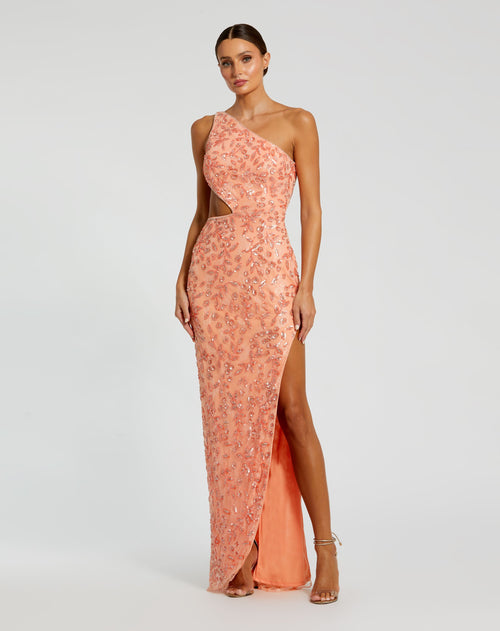 One Shoulder Embellished Gown With Slit