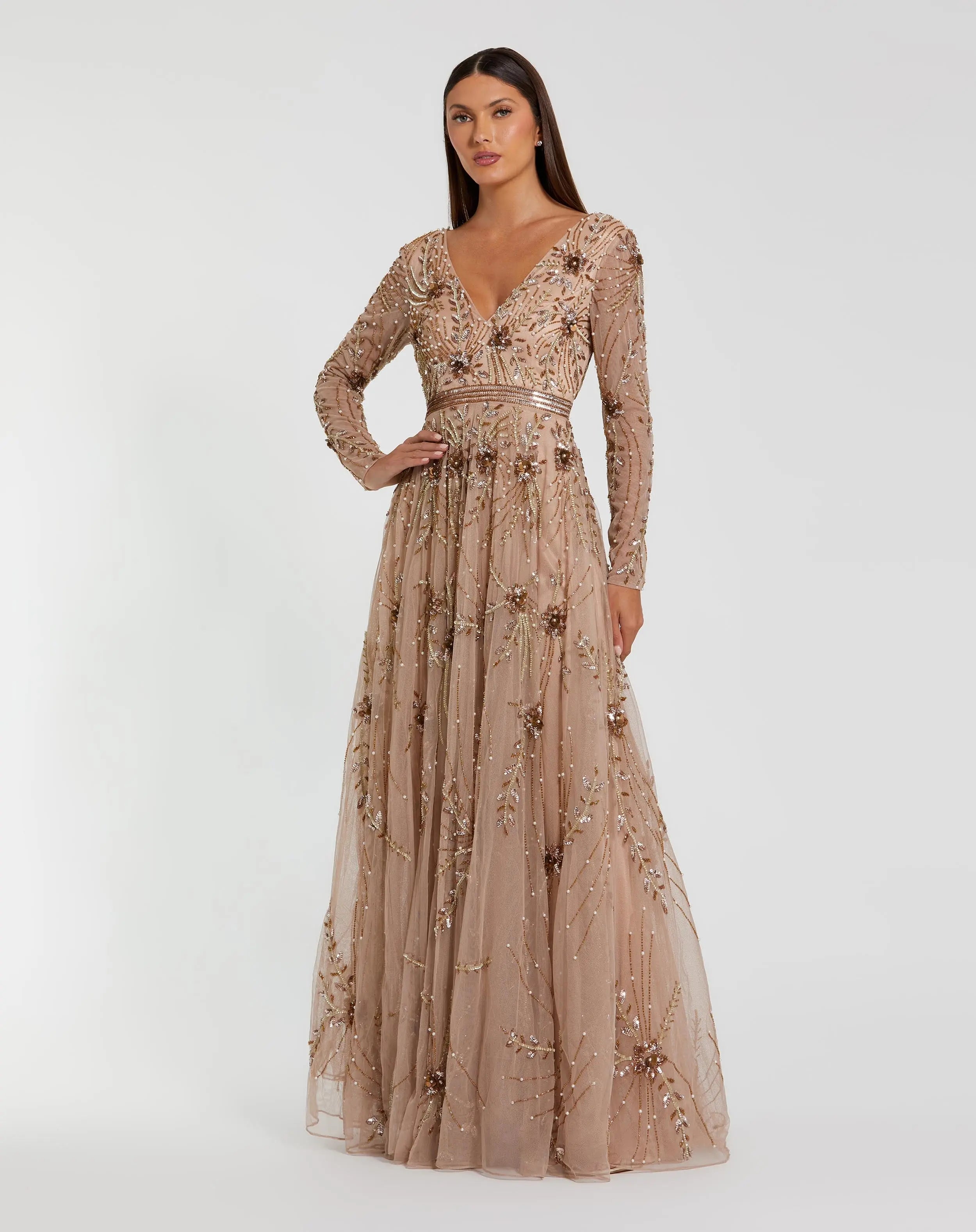 Beige Embellished Sheer Sleeve A-Line Gown - Mac Duggal