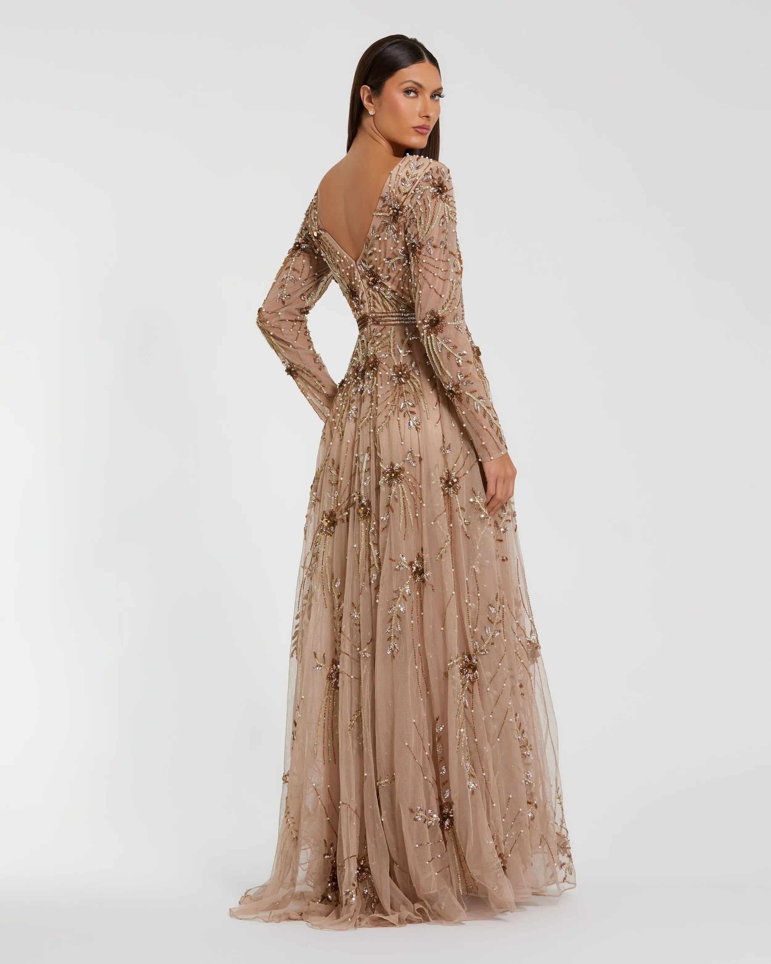 Beige Embellished Sheer Sleeve A-Line Gown - Mac Duggal