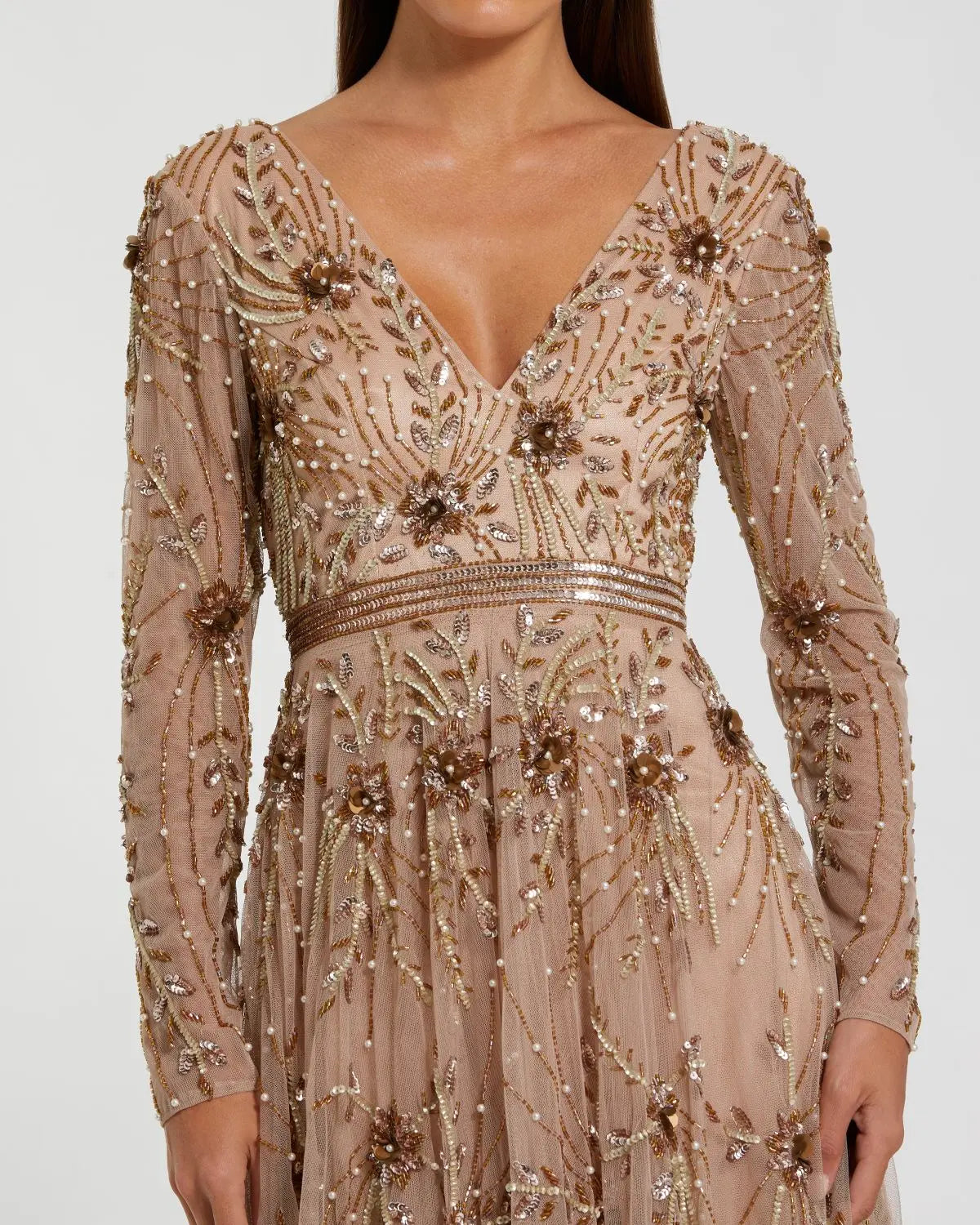 Beige Embellished Sheer Sleeve A-Line Gown Beige Embellished Sheer Sleeve A-Line Gown