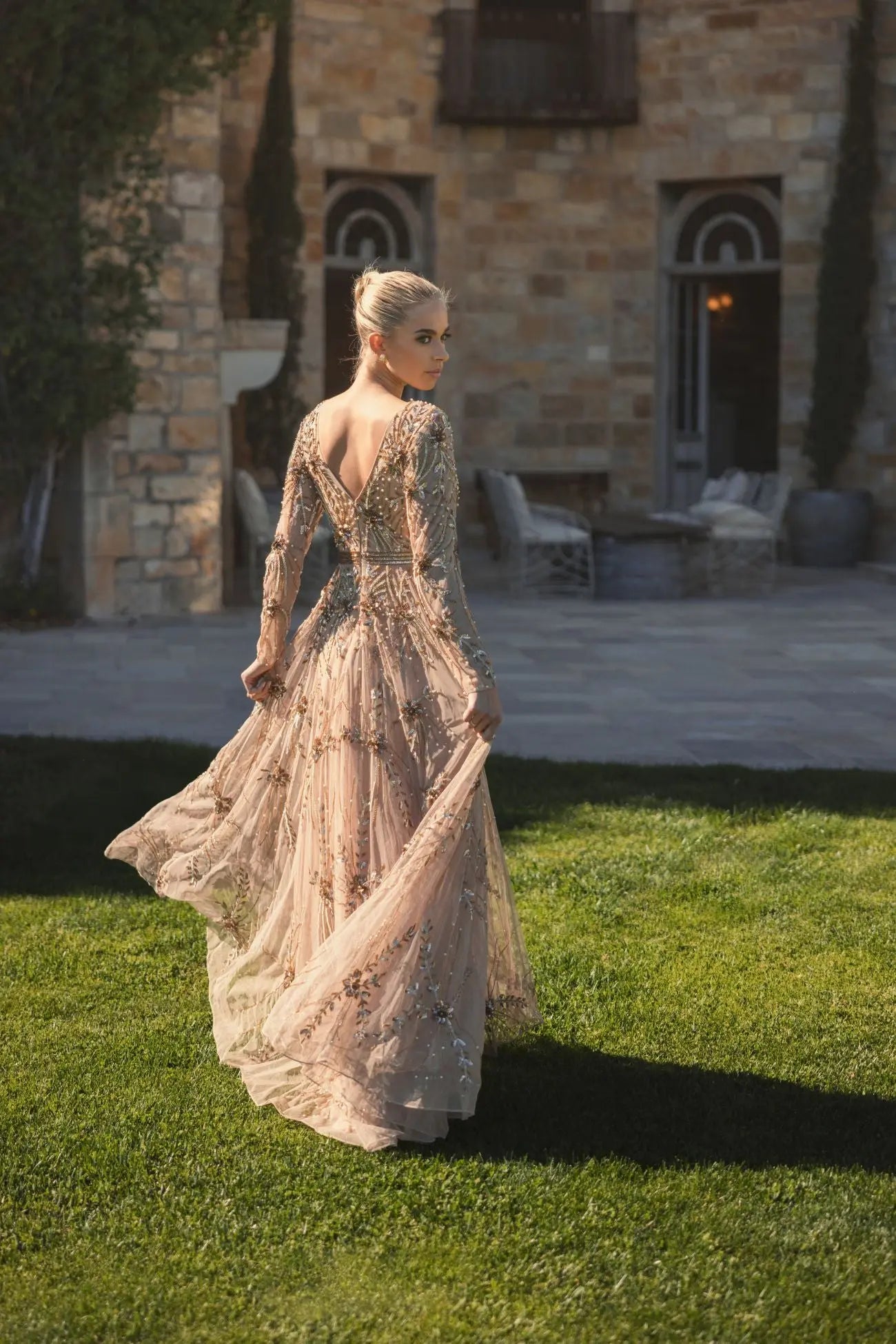 Beige Embellished Sheer Sleeve A-Line Gown Beige Embellished Sheer Sleeve A-Line Gown