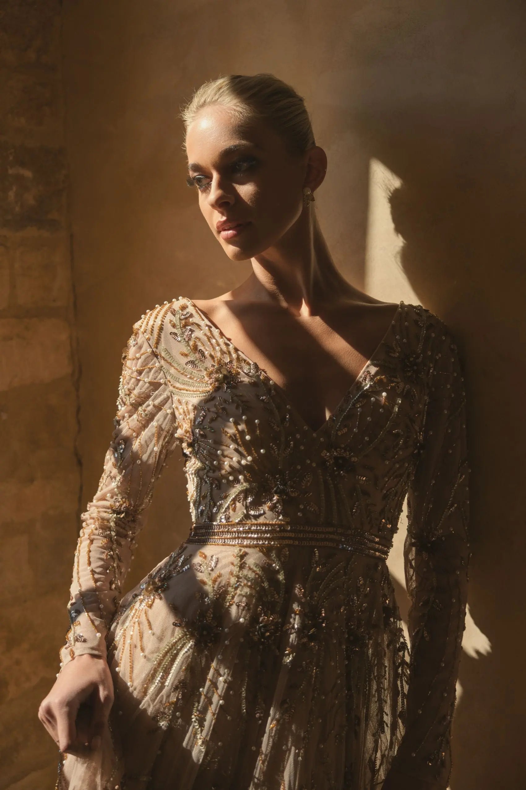 Beige Embellished Sheer Sleeve A-Line Gown - Mac Duggal