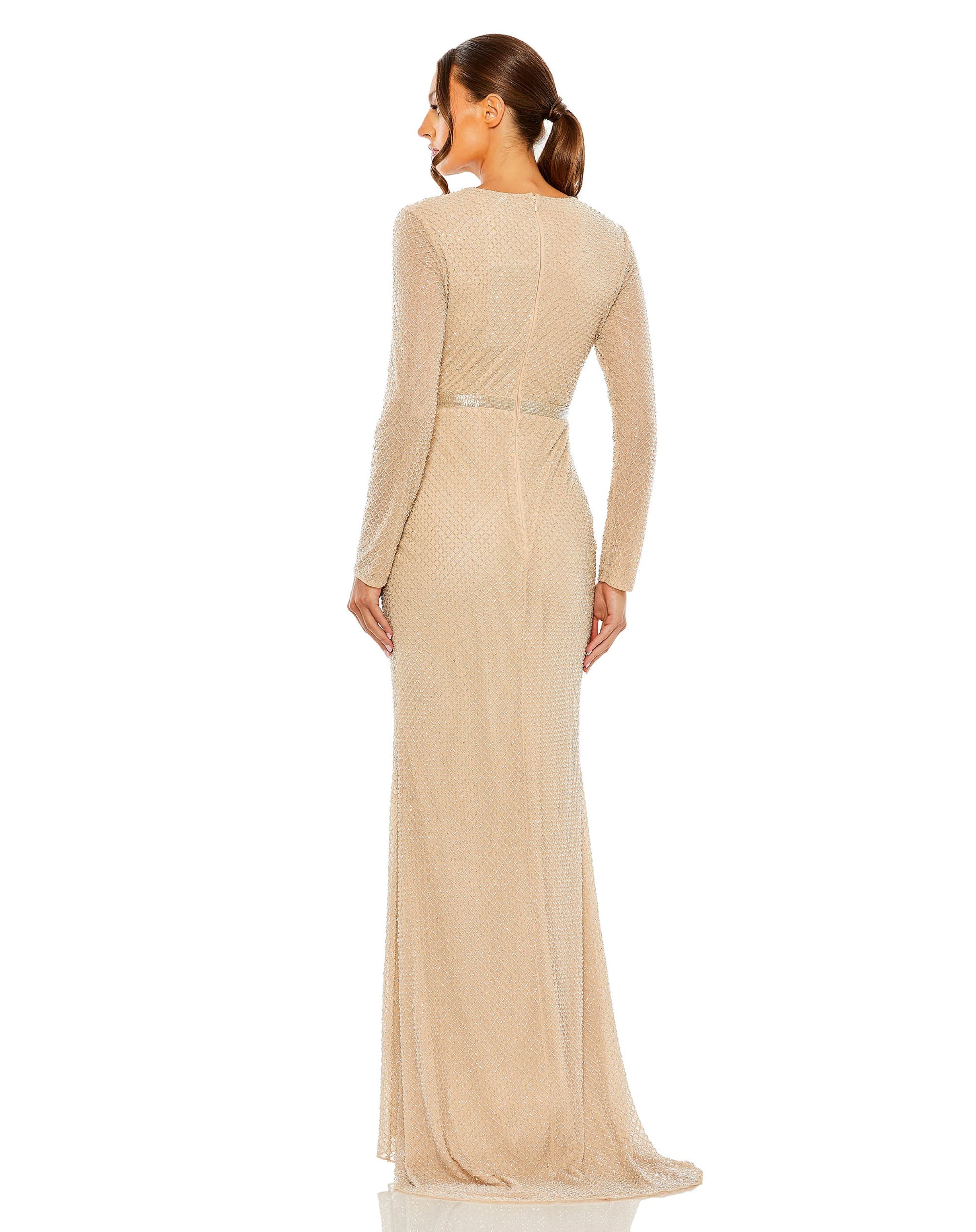 Beaded High Neck Long Sleeve Gown