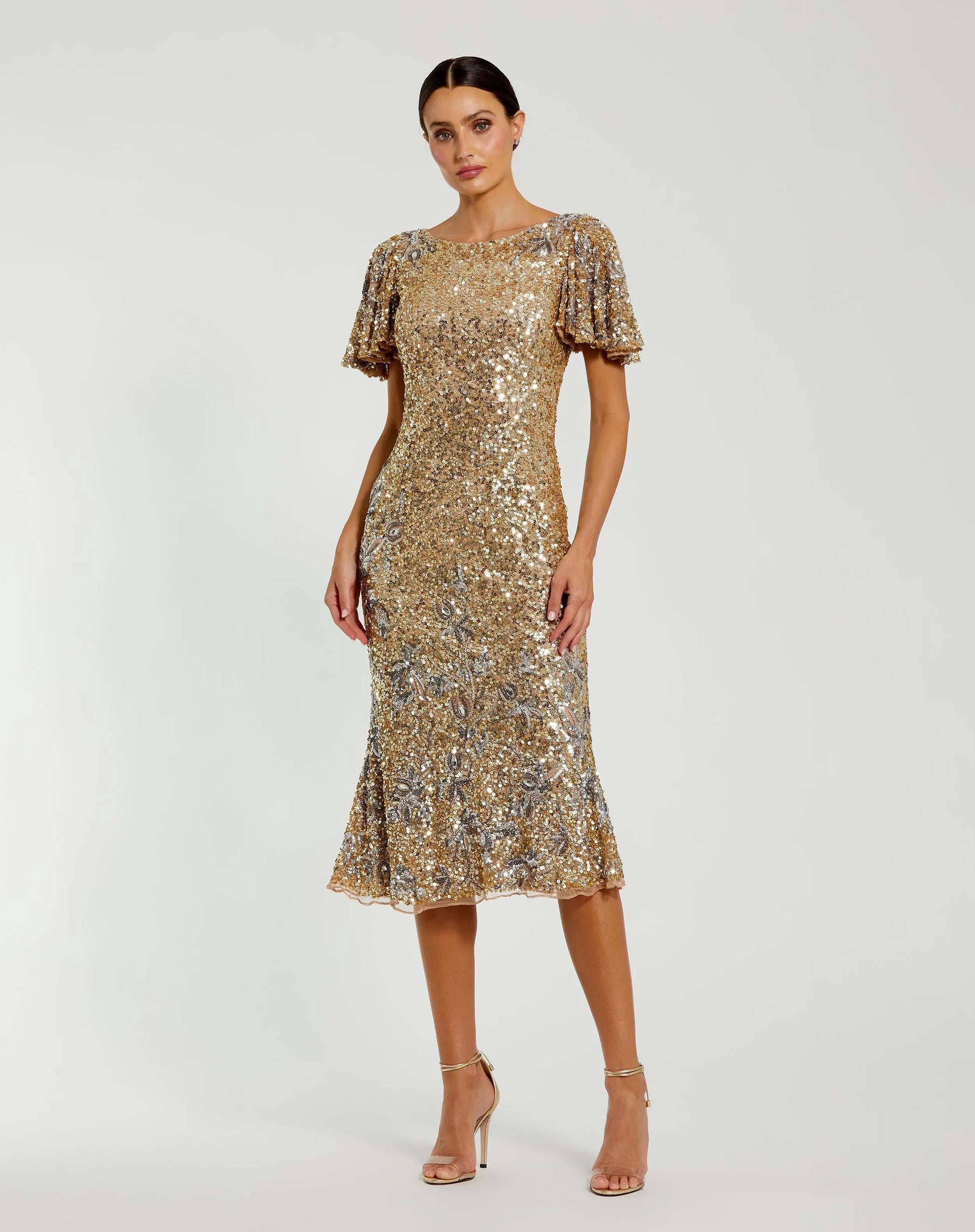 Gold Flutter Sleeve Floral Embellished Sequin Midi Dress  - Mac Duggal