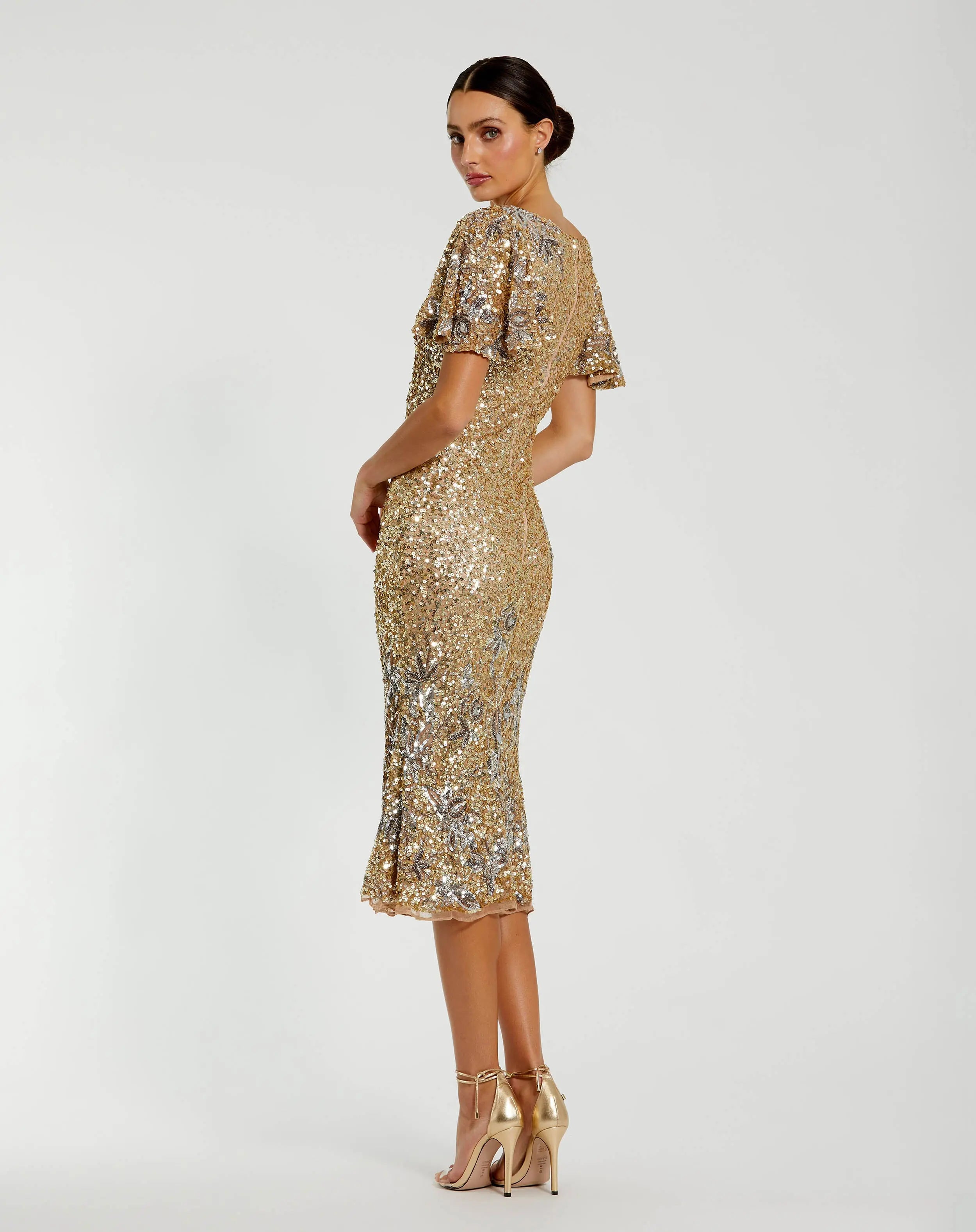 Gold Flutter Sleeve Floral Embellished Sequin Midi Dress  - Mac Duggal