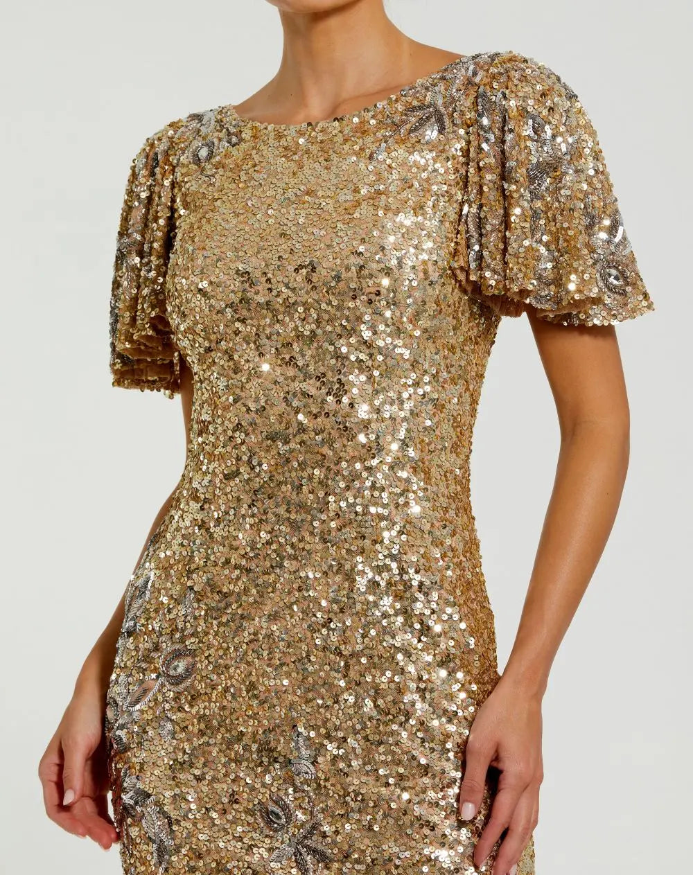 Gold Flutter Sleeve Floral Embellished Sequin Midi Dress  - Mac Duggal