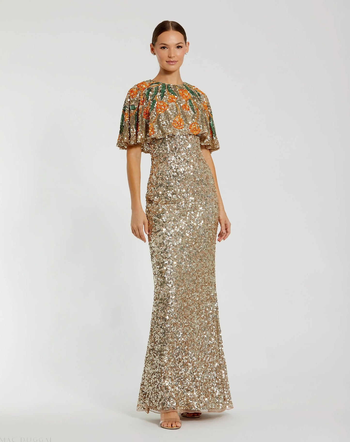 Gold Embellished Gown With Floral Beaded Shawl | Mac Duggal Gold Embellished Gown With Floral Beaded Shawl | Mac Duggal
