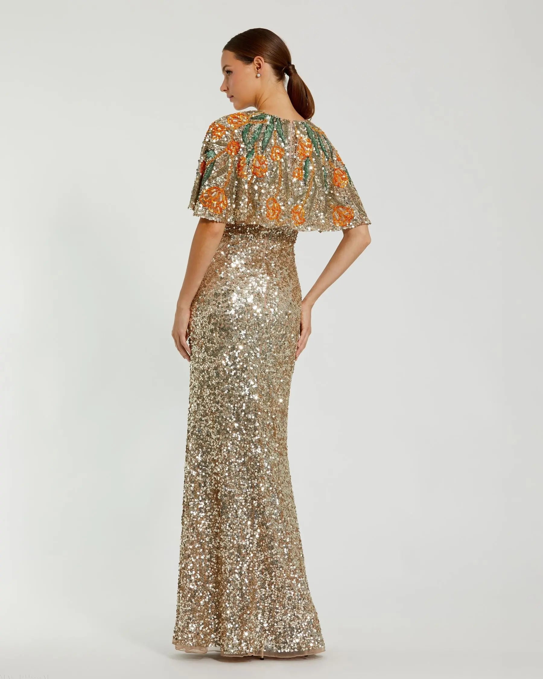 Gold Embellished Gown With Floral Beaded Shawl - Mac Duggal