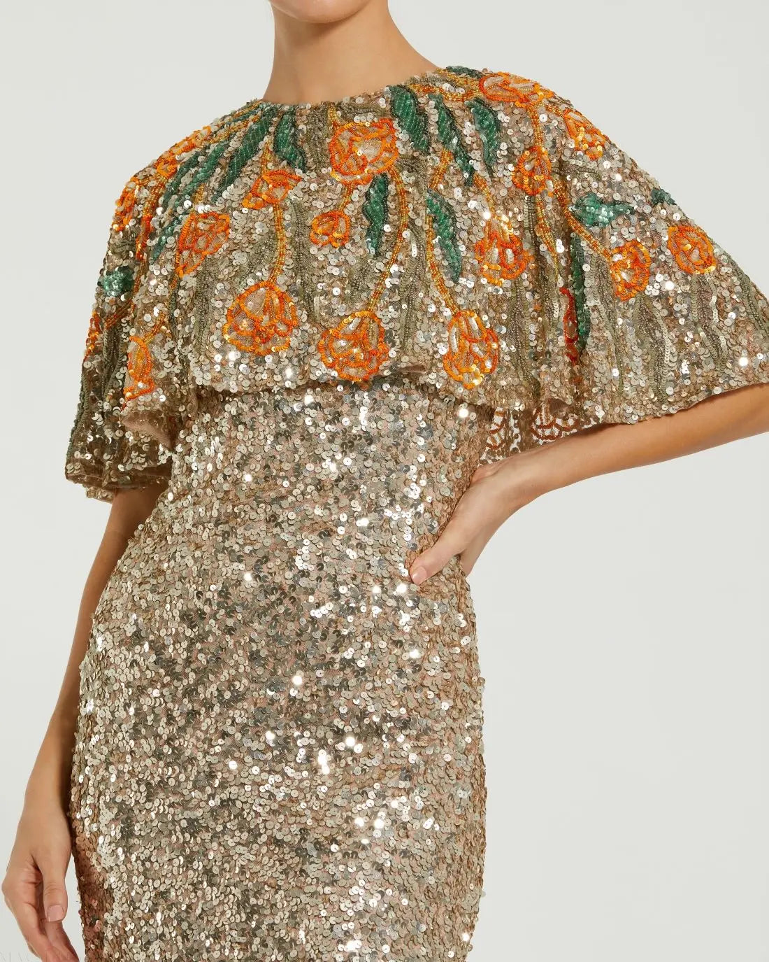 Mac Duggal - Gold Embellished Gown With Floral Beaded Shawl - Gold Multi / US 6 Mac Duggal - Gold Embellished Gown With Floral Beaded Shawl - Gold Multi / US 6