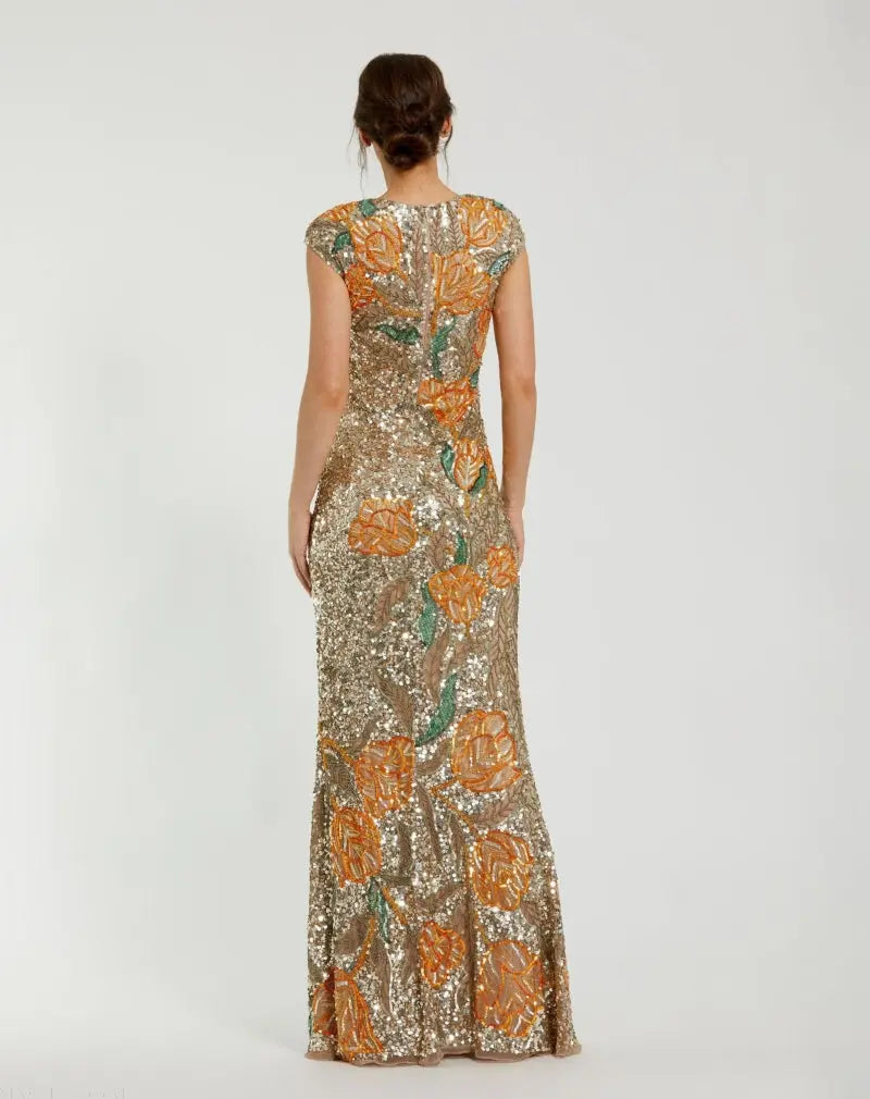 Gold Fitted Cap Sleeve Gown With Floral Beading - Mac Duggal
