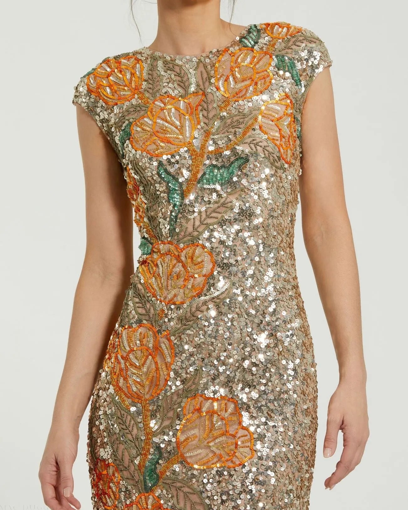 Gold Fitted Cap Sleeve Gown With Floral Beading - Mac Duggal