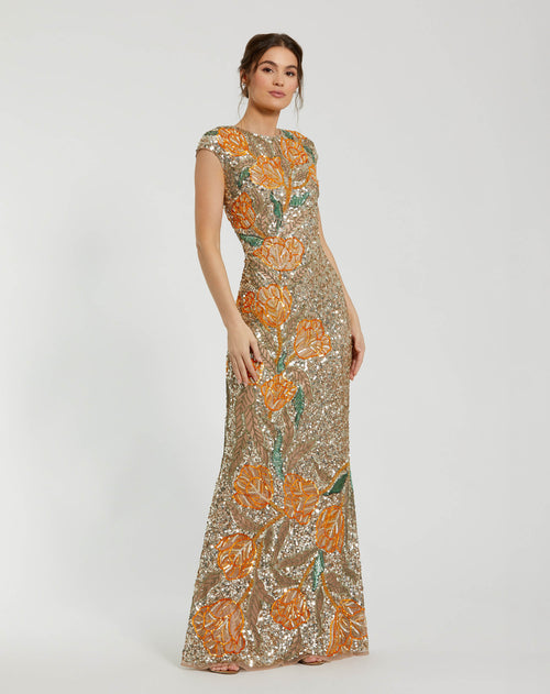 Fitted Cap Sleeve Gown With Floral Beading