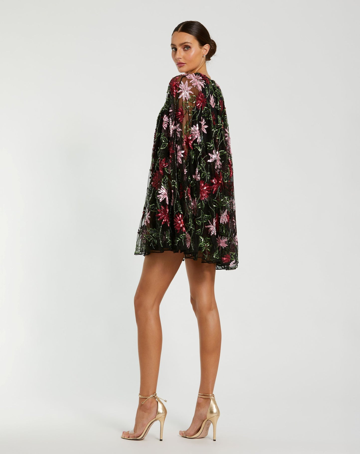 Black Floral Embellished Cape Mini Dress - Mac Duggal