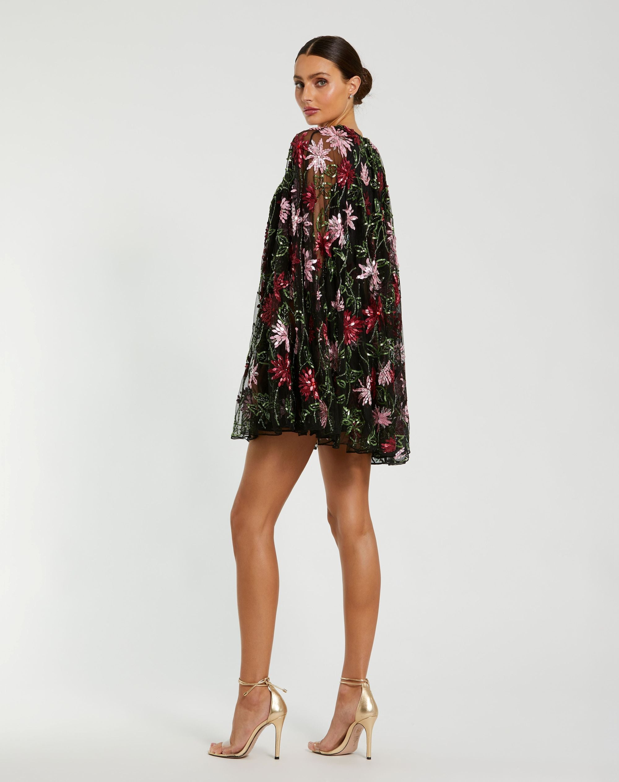 Black Floral Embellished Cape Mini Dress - Mac Duggal