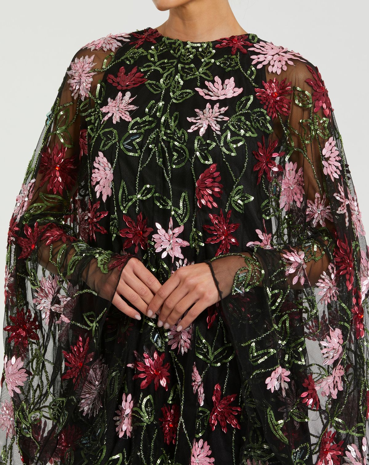 Black Floral Embellished Cape Mini Dress