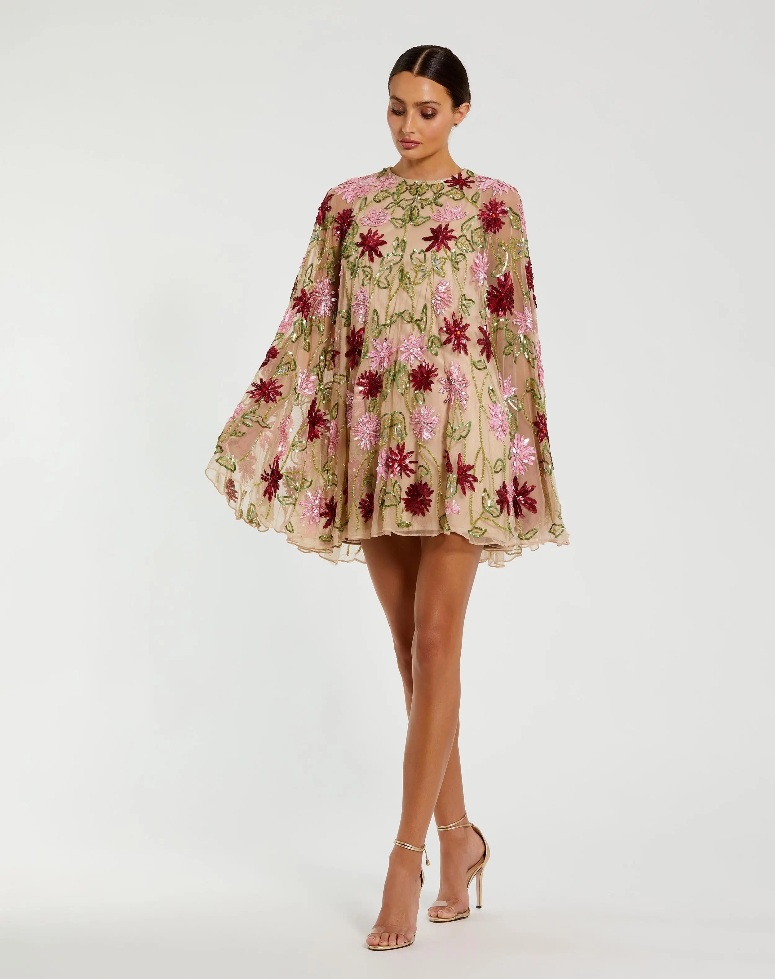 Beige Floral Embellished Shawl Mini Dress - Mac Duggal