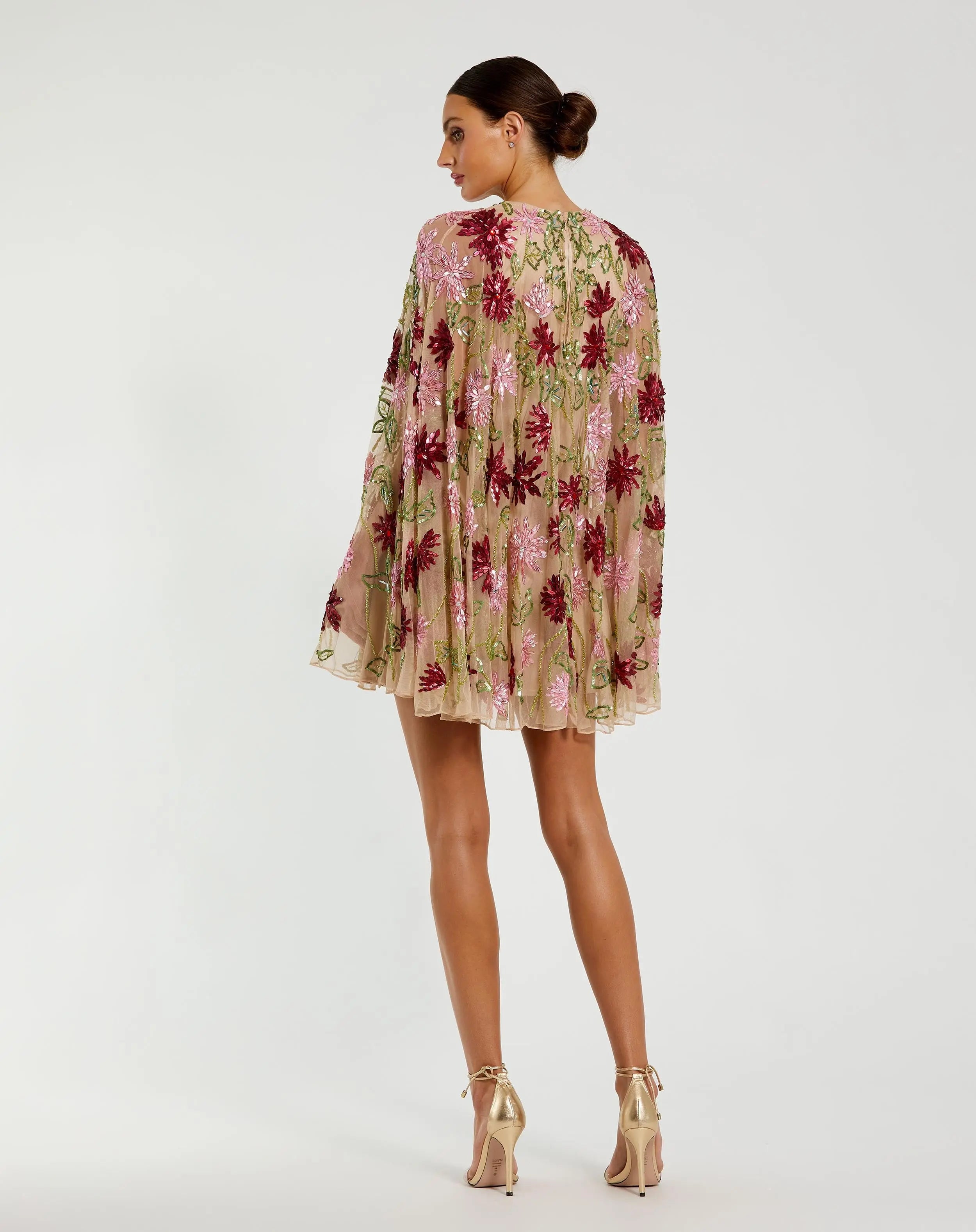 Beige Floral Embellished Shawl Mini Dress - Mac Duggal