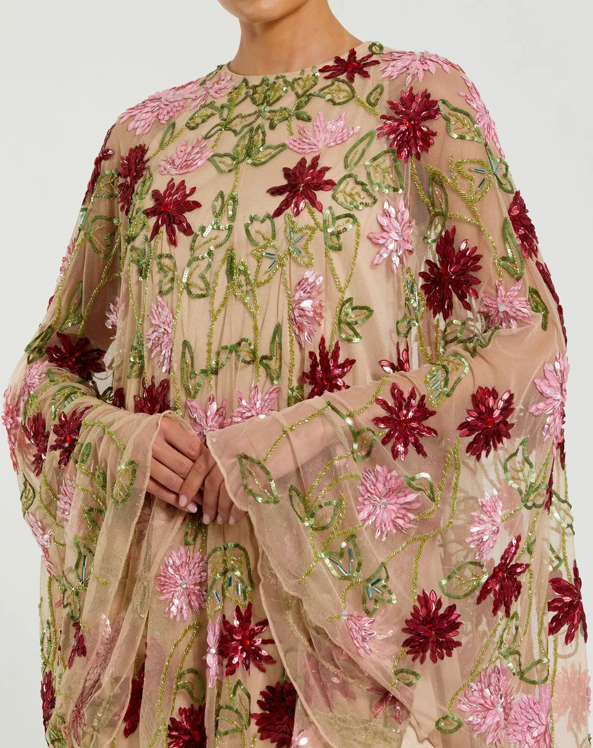 Beige Floral Embellished Shawl Mini Dress - Mac Duggal