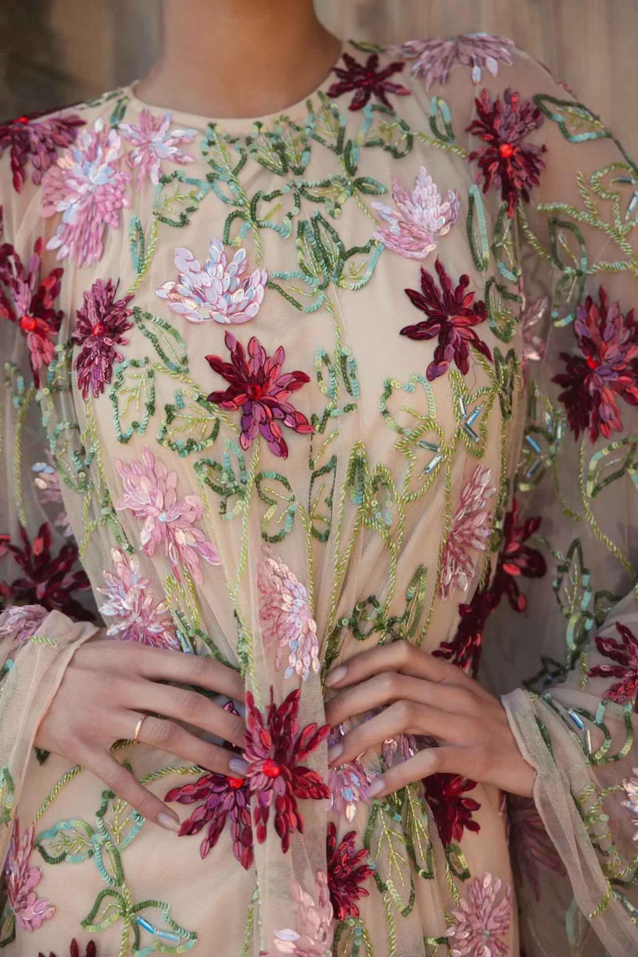 Beige Floral Embellished Shawl Mini Dress - Mac Duggal