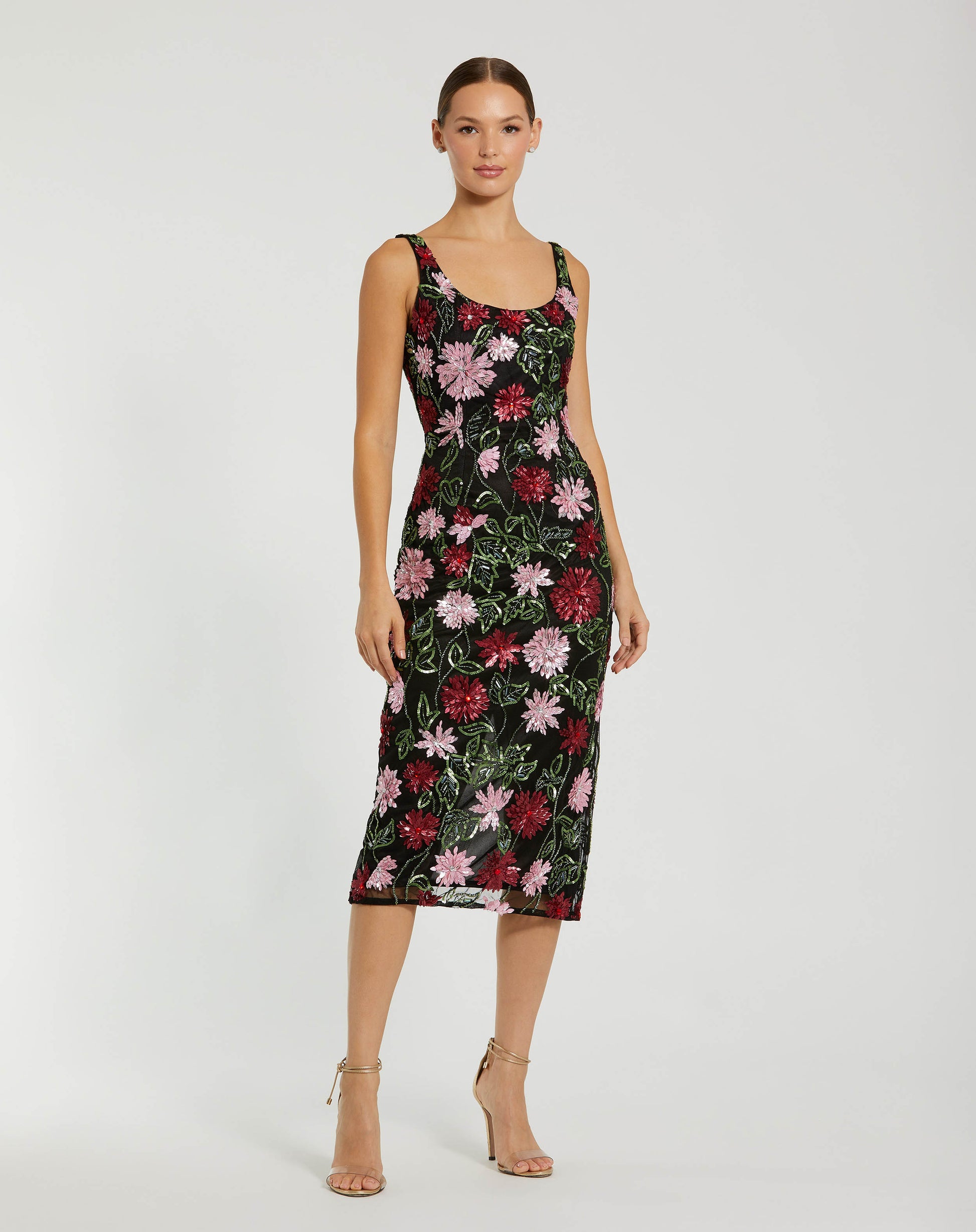 Black Floral Beaded Scoop Neck Midi Dress Mac Duggal