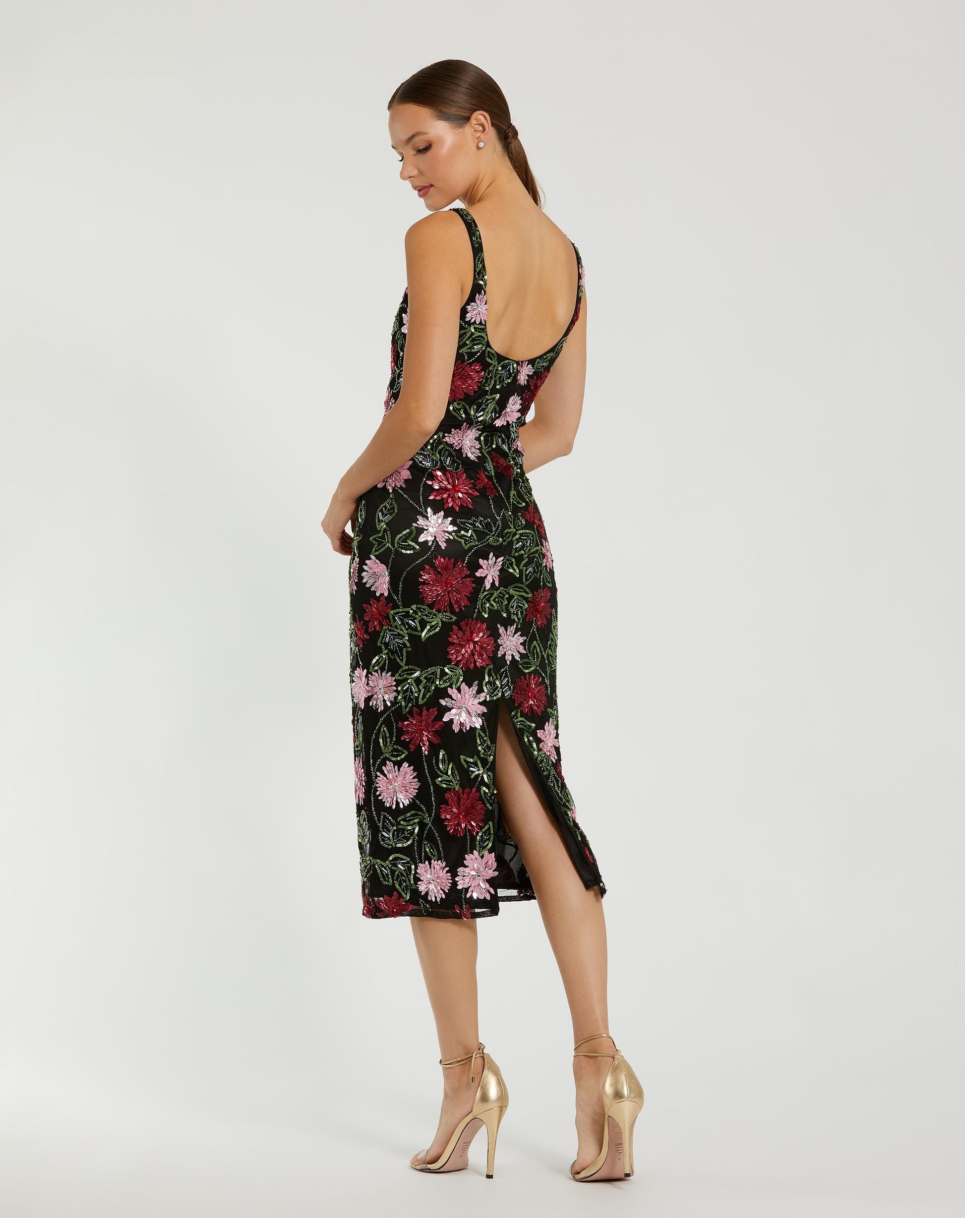 Black Floral Beaded Scoop Neck Midi Dress Mac Duggal