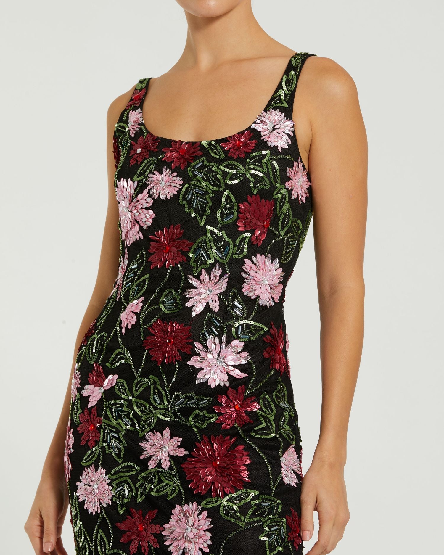 Black Floral Beaded Scoop Neck Midi Dress Mac Duggal