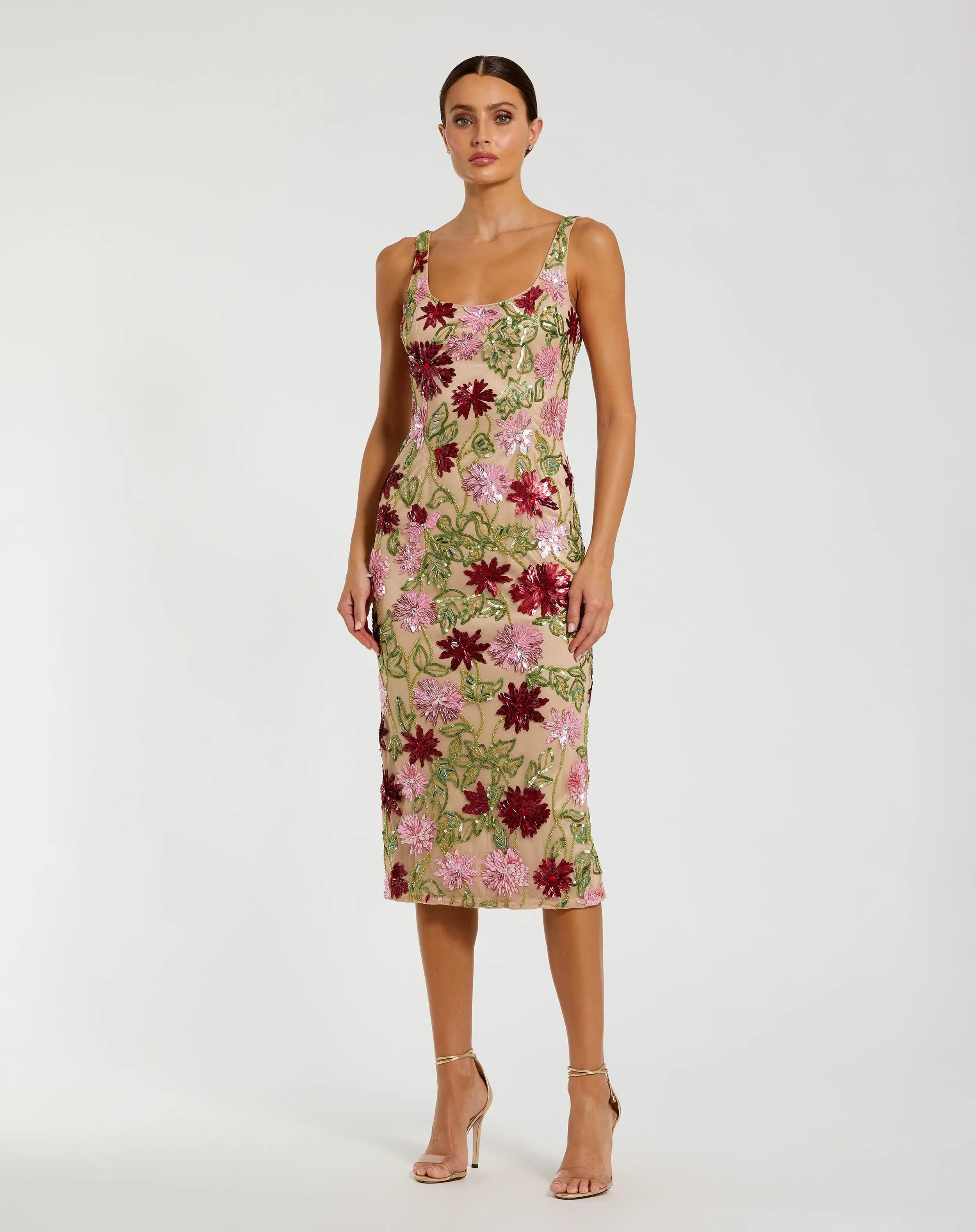 Mac Duggal - Beige Floral Beaded Scoop Neck Midi Dress - Nude Multi / US 10 Mac Duggal - Beige Floral Beaded Scoop Neck Midi Dress - Nude Multi / US 10