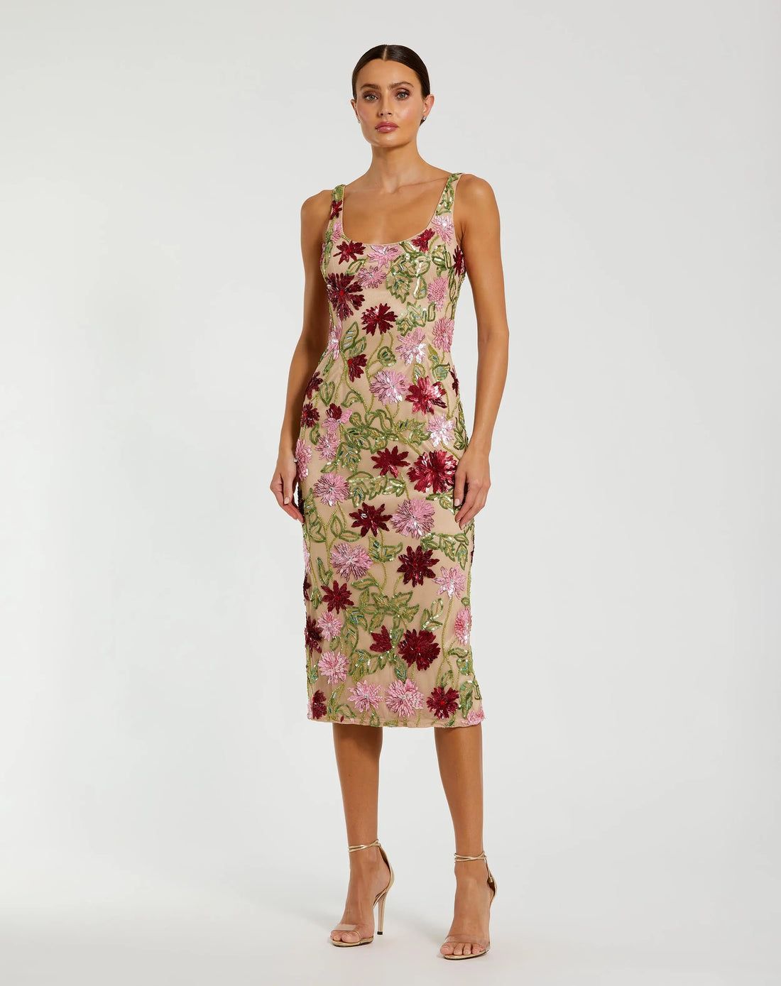 Mac Duggal - Beige Floral Beaded Scoop Neck Midi Dress Mac Duggal - Beige Floral Beaded Scoop Neck Midi Dress