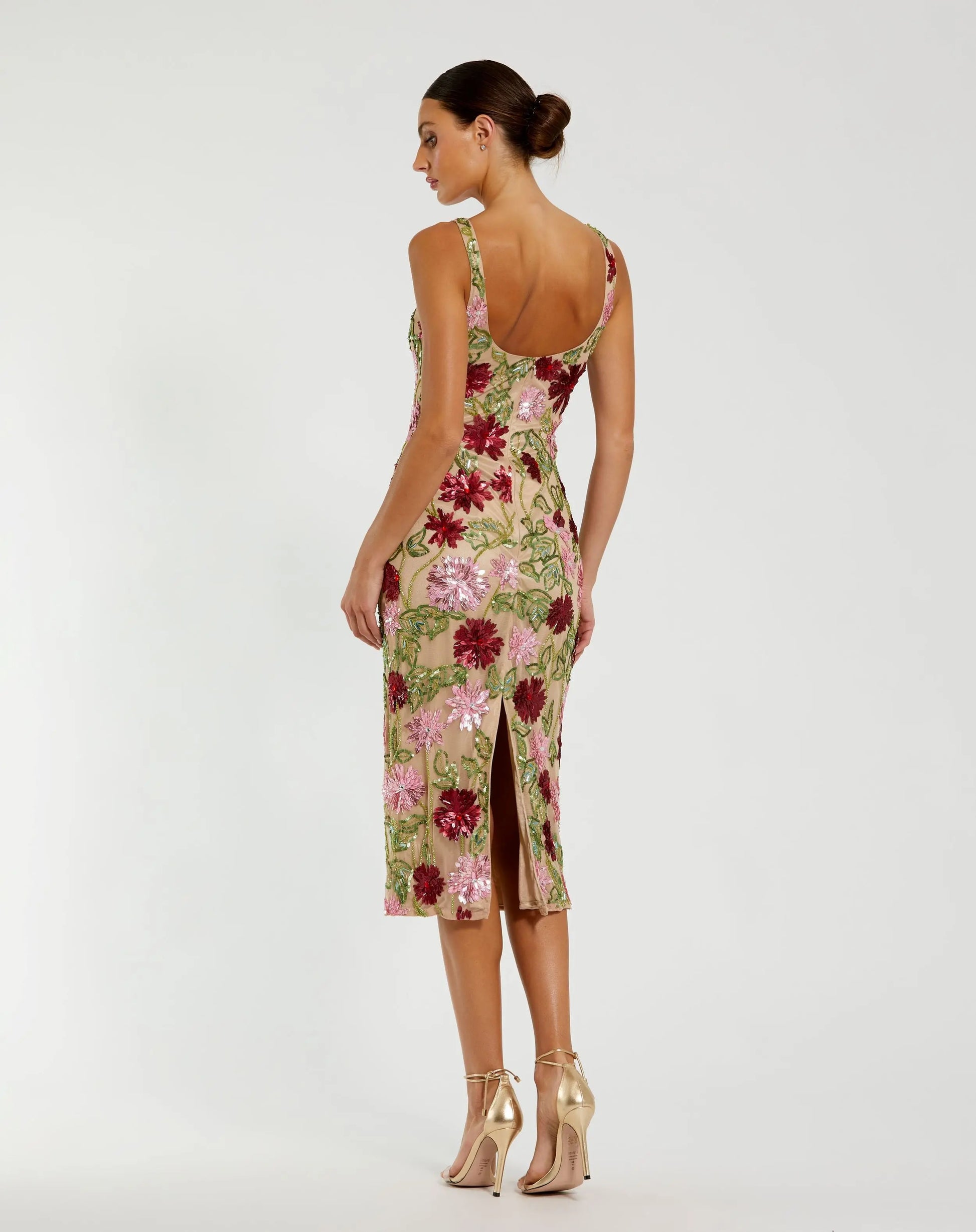 Mac Duggal - Beige Floral Beaded Scoop Neck Midi Dress - Nude Multi / US 2 Mac Duggal - Beige Floral Beaded Scoop Neck Midi Dress - Nude Multi / US 2