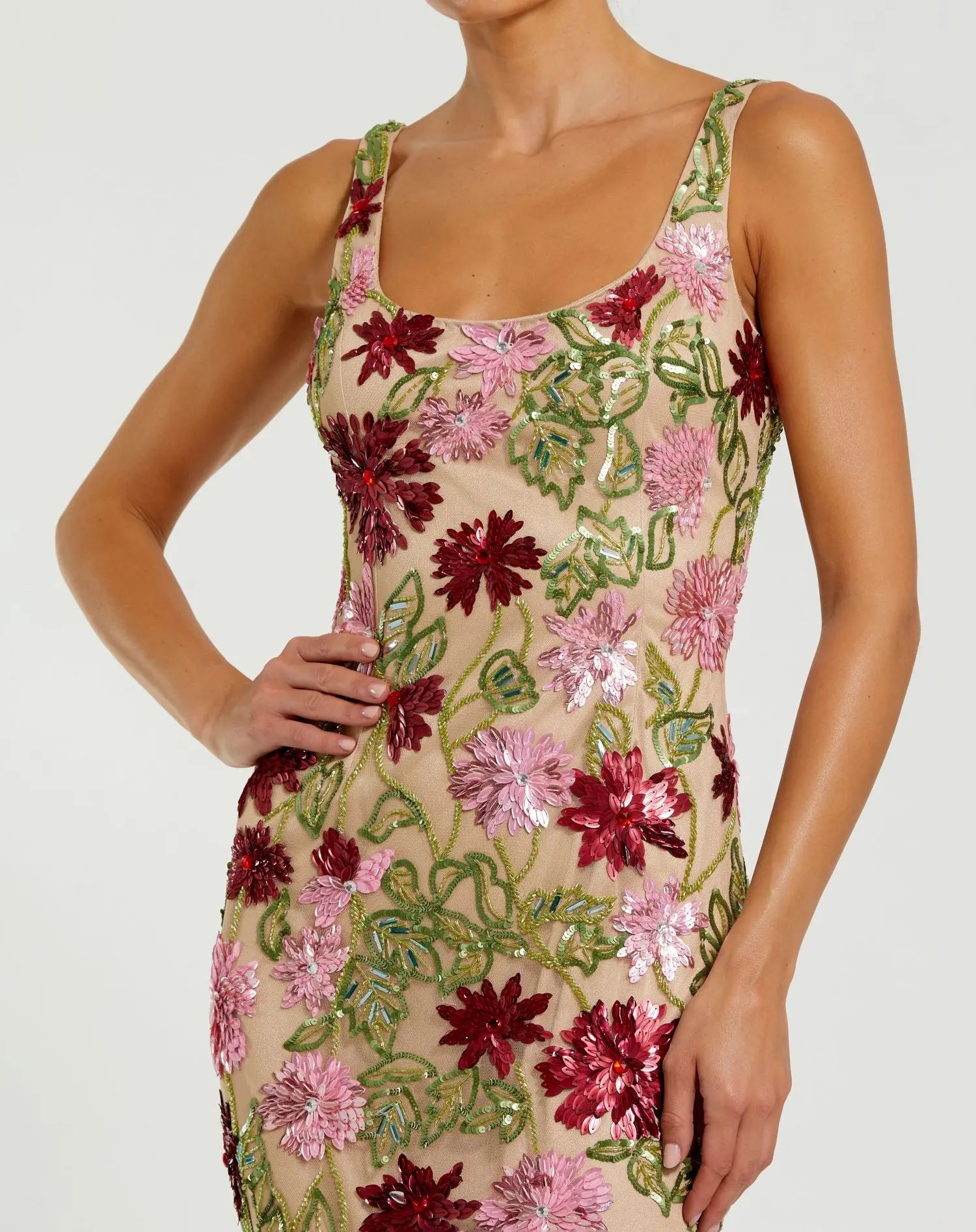 Beige Floral Embellished Cape Mini Dress