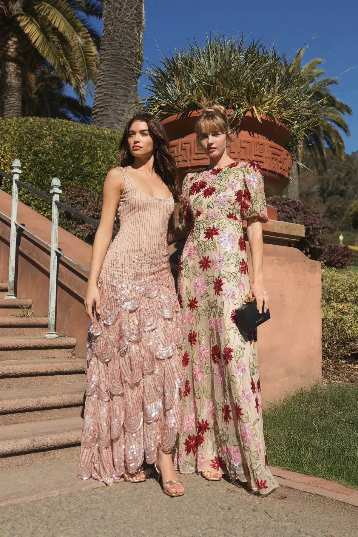 Beige Floral Beaded Mesh Puff Sleeve Gown - Mac Duggal