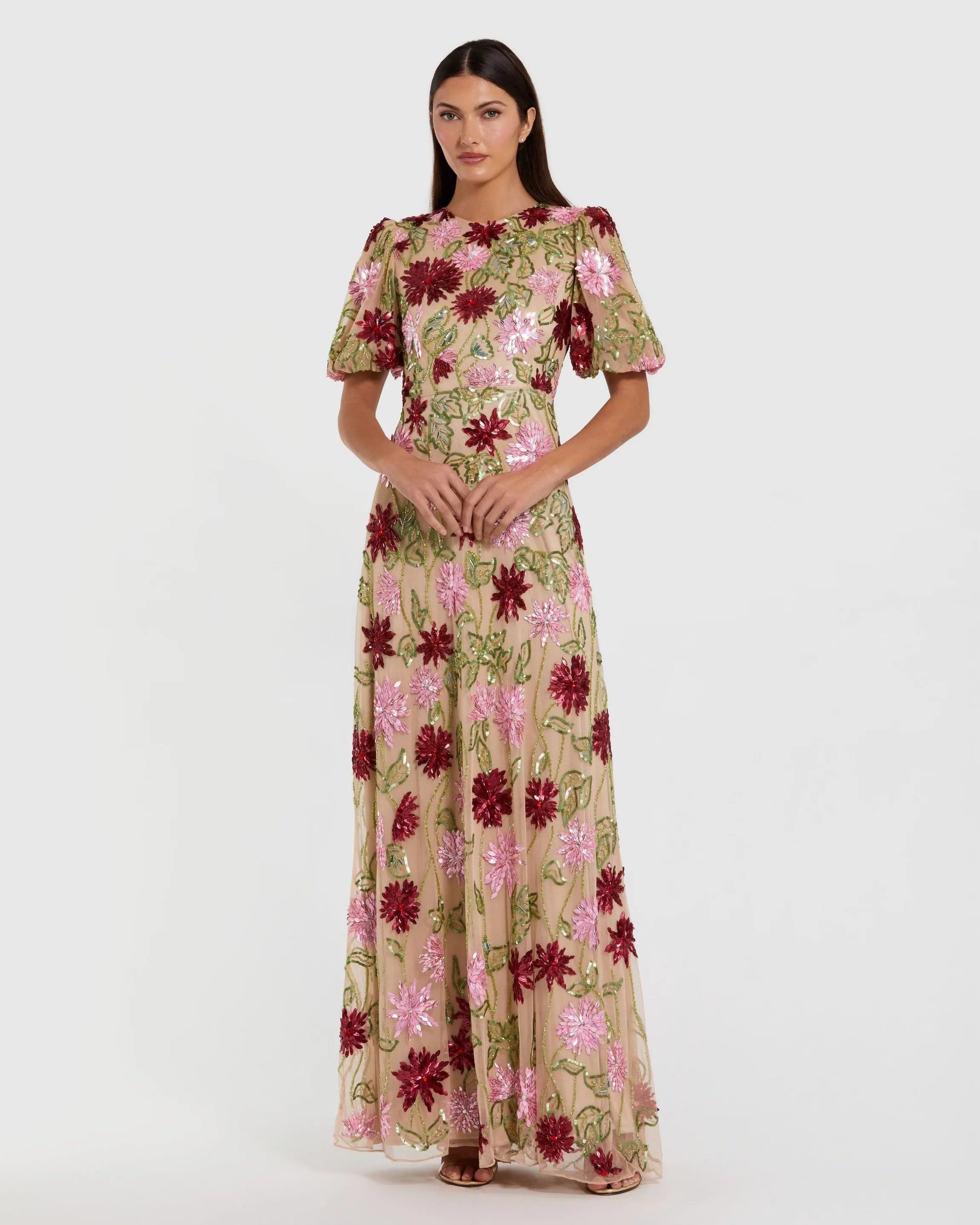 floral beaded mesh dress with balloon sleeve Blue Petite Balloon Sleeve Embroidered And Beaded Woven Maxi Dress