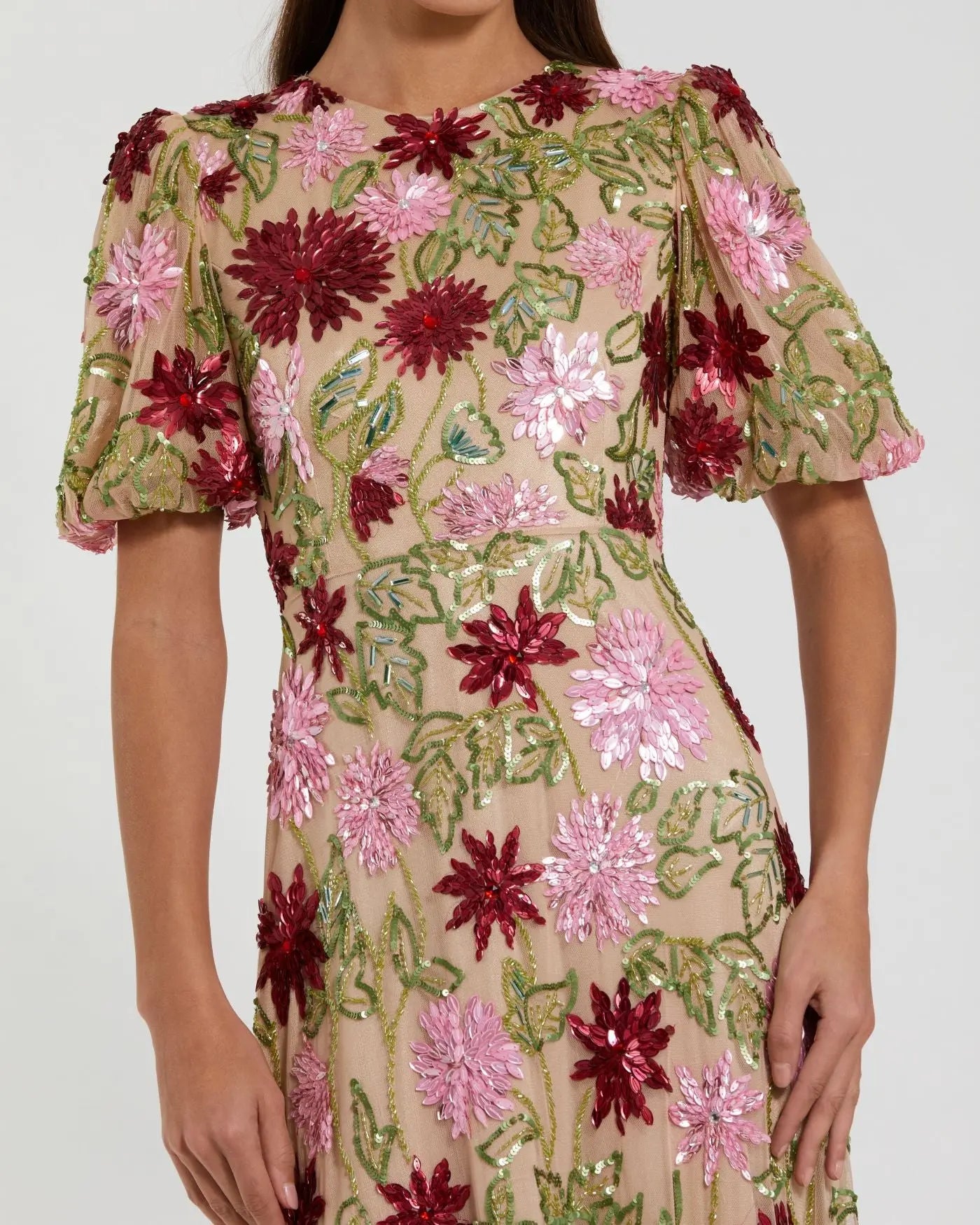 Beige Floral Beaded Mesh Puff Sleeve Gown Mac Duggal