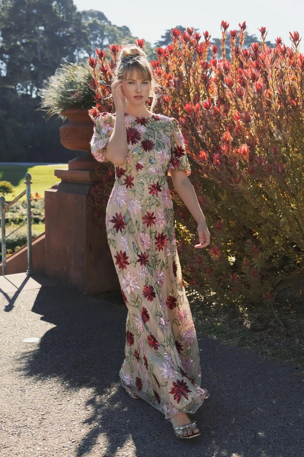 Beige Floral Beaded Mesh Puff Sleeve Gown - Mac Duggal