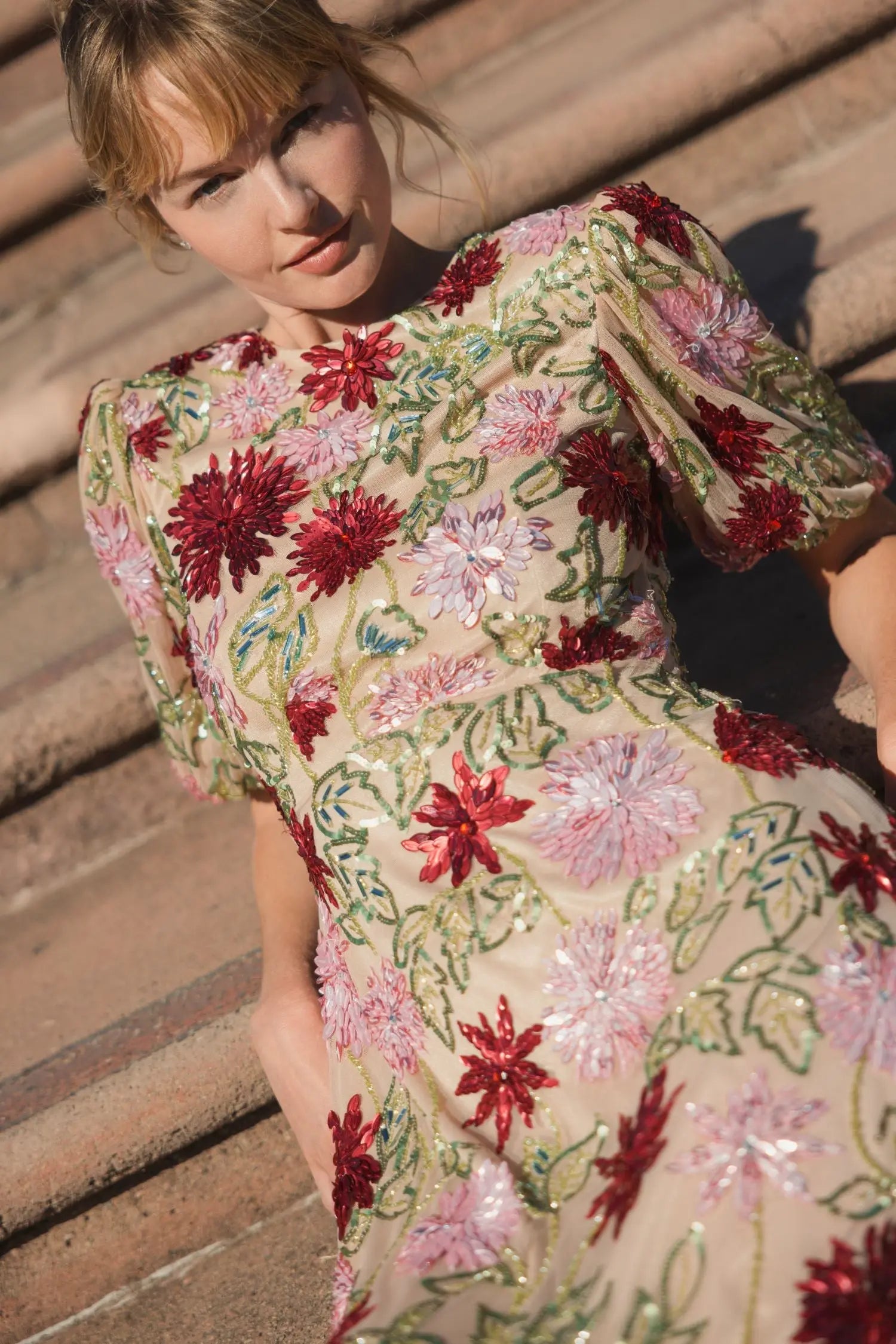 Beige Floral Beaded Mesh Puff Sleeve Gown - Mac Duggal