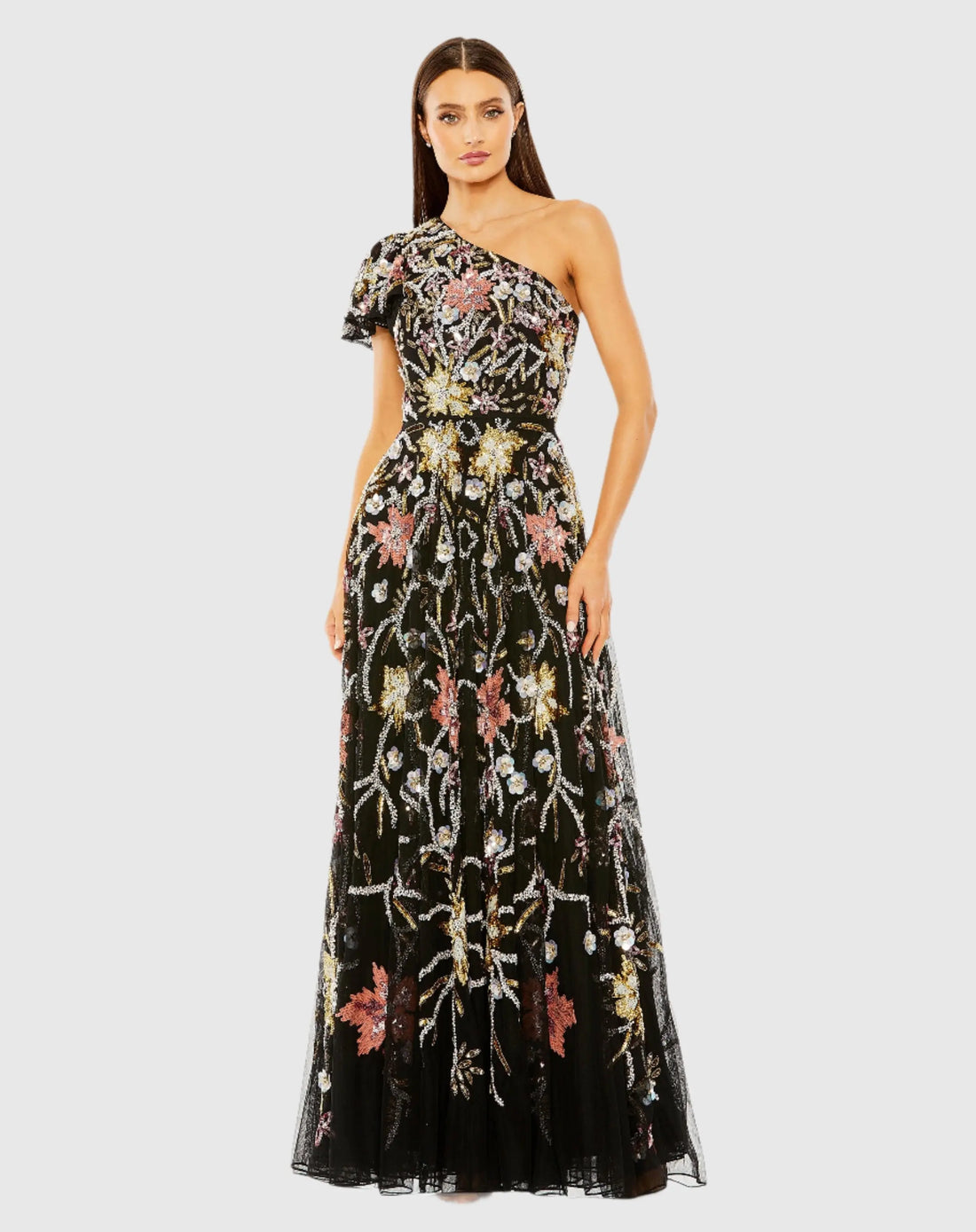 One Shoulder Beaded Floral Gown - Mac Duggal