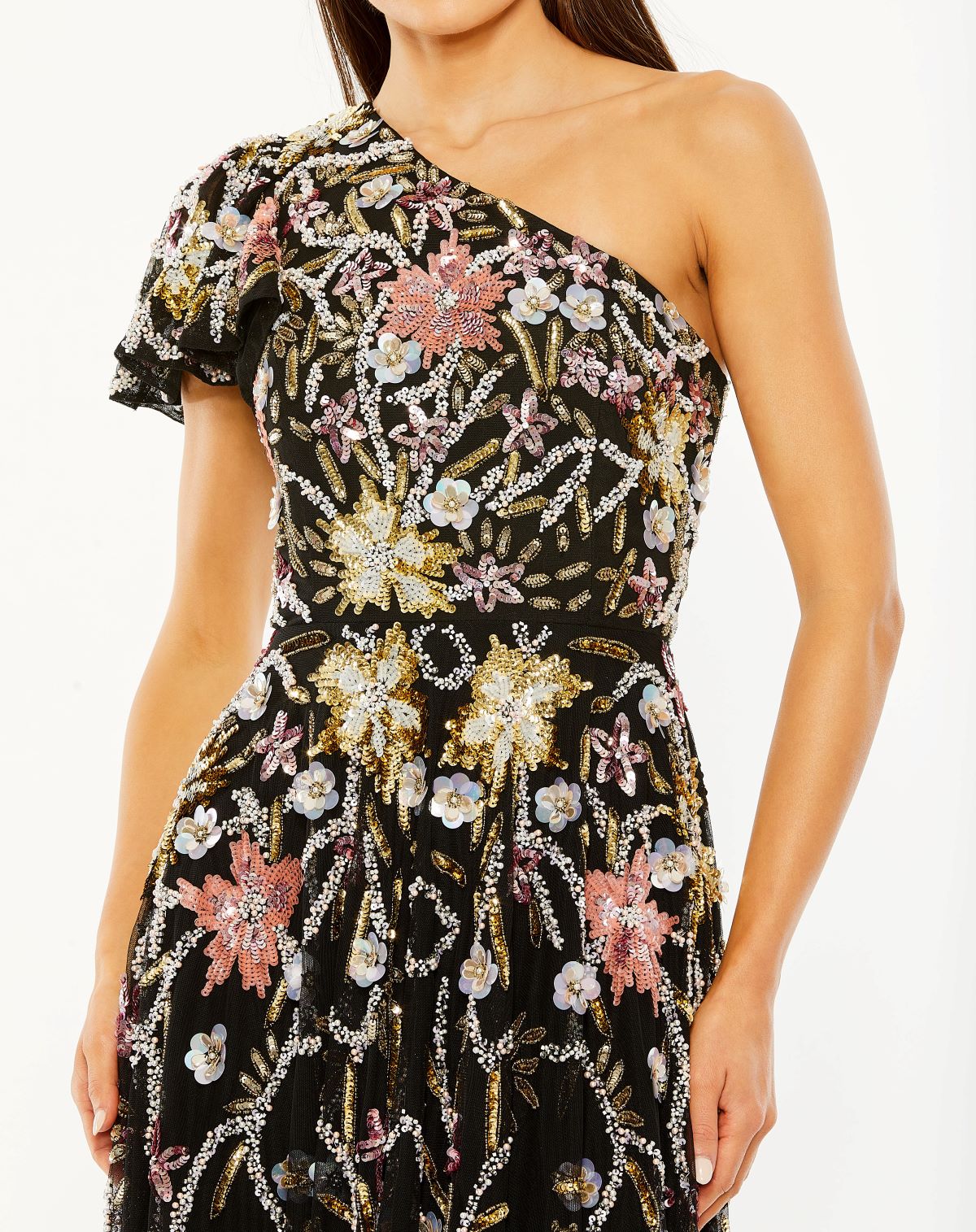 One Shoulder Beaded Floral Gown