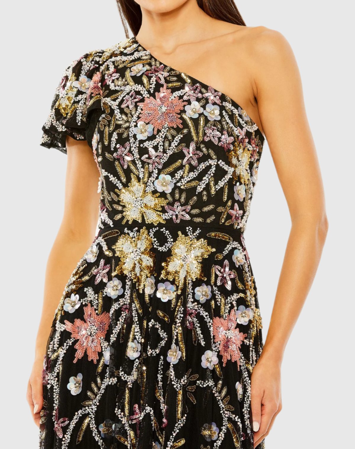 One Shoulder Beaded Floral Gown