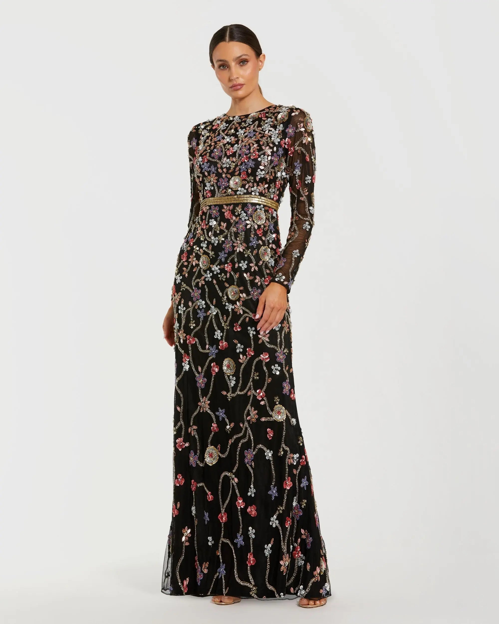 Black Embellished Mesh Long Sleeve Gown Mac Duggal