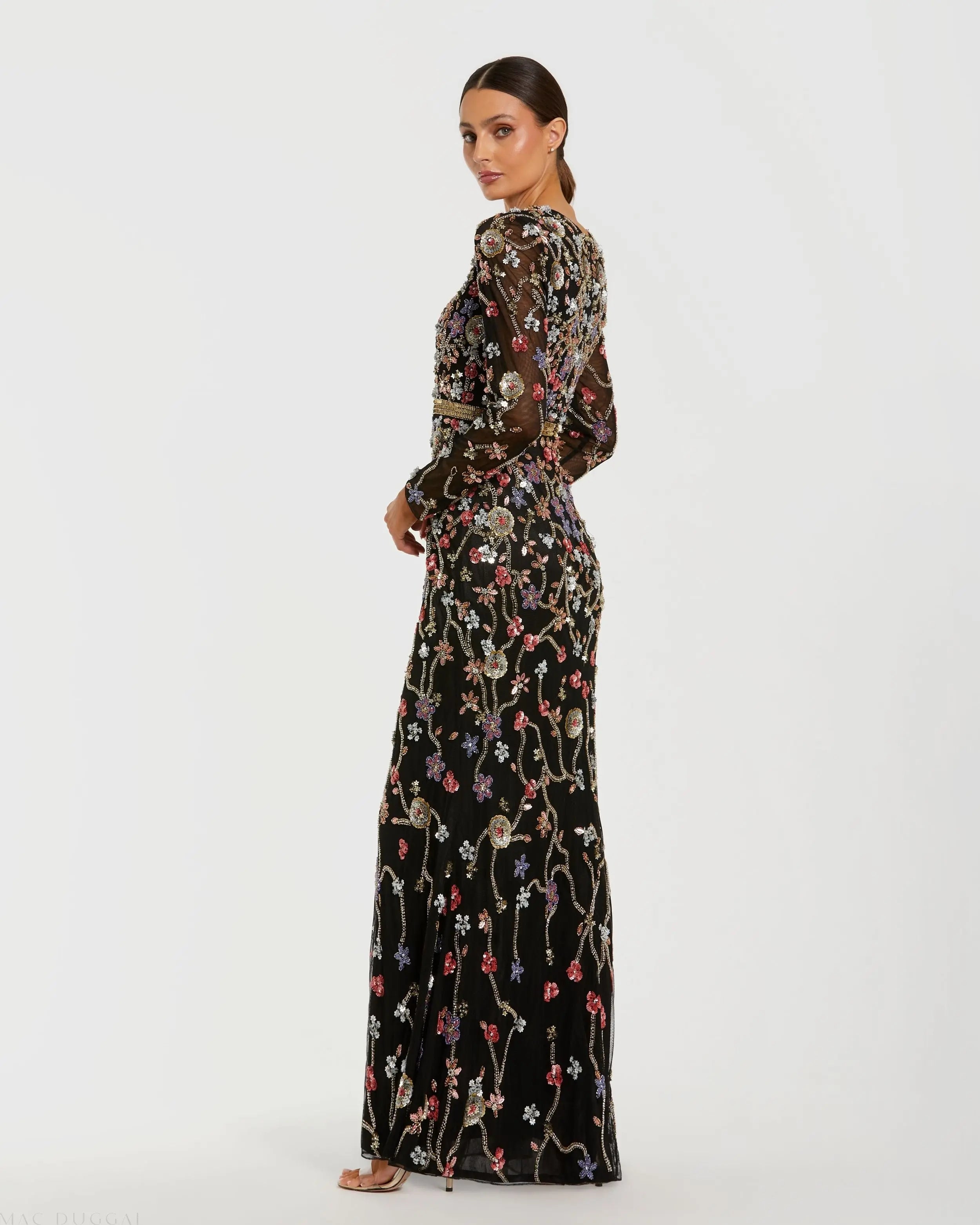 Black Embellished Mesh Long Sleeve Gown Mac Duggal