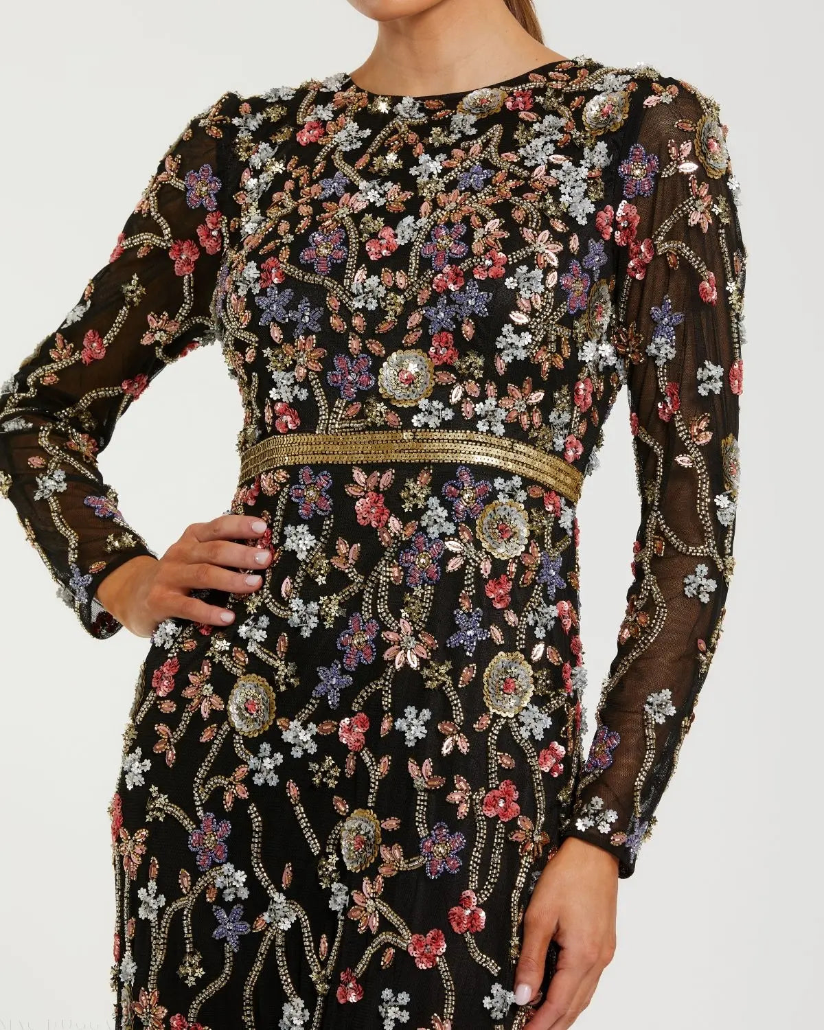 Black Embellished Mesh Long Sleeve Gown - Mac Duggal