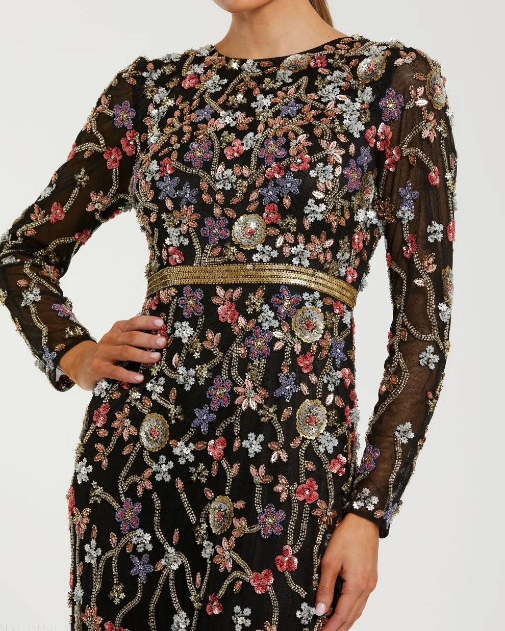 Black Embellished Mesh Long Sleeve Gown