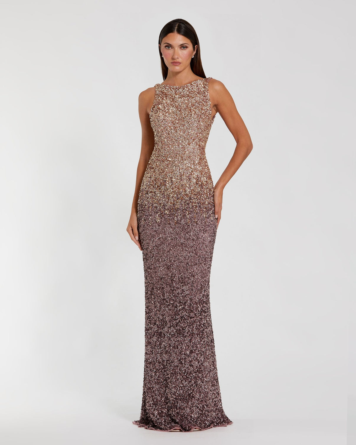 Gold Brown Ombre Sequin Cowl Back Gown