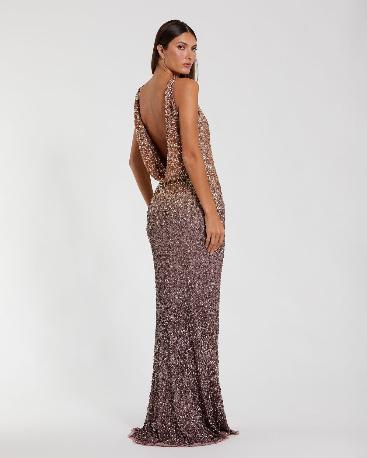 Gold Brown Ombre Sequin Cowl Back Gown
