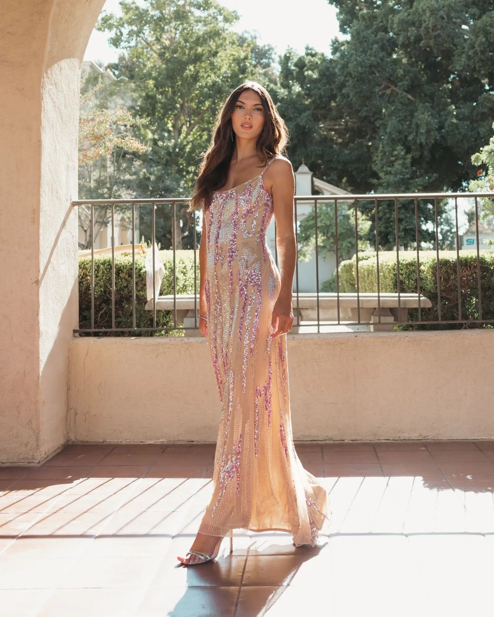 Beige Spaghetti Strap Beaded Column Gown