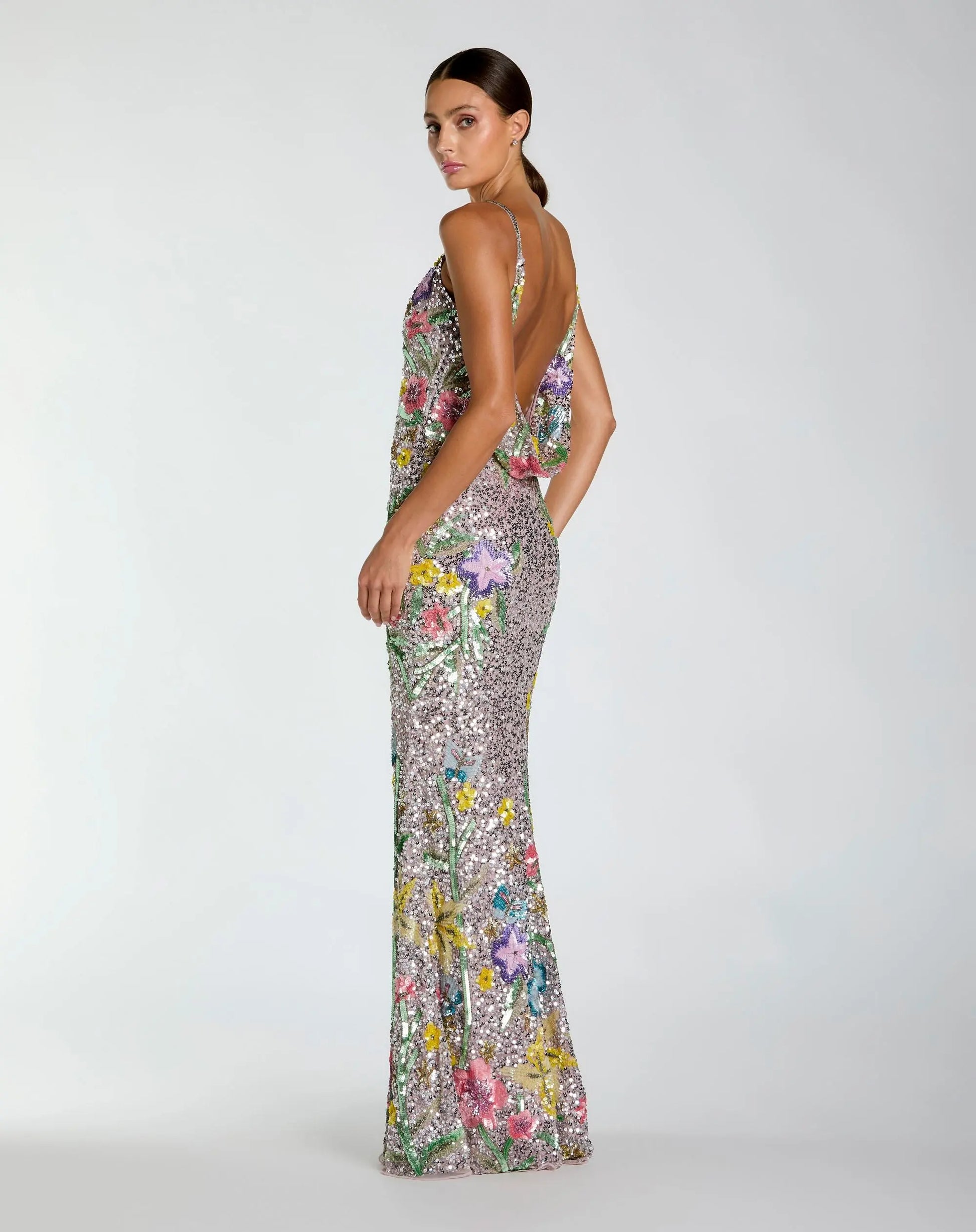 mac duggal silver dress Silver Sequin Halter Backless Column Gown
